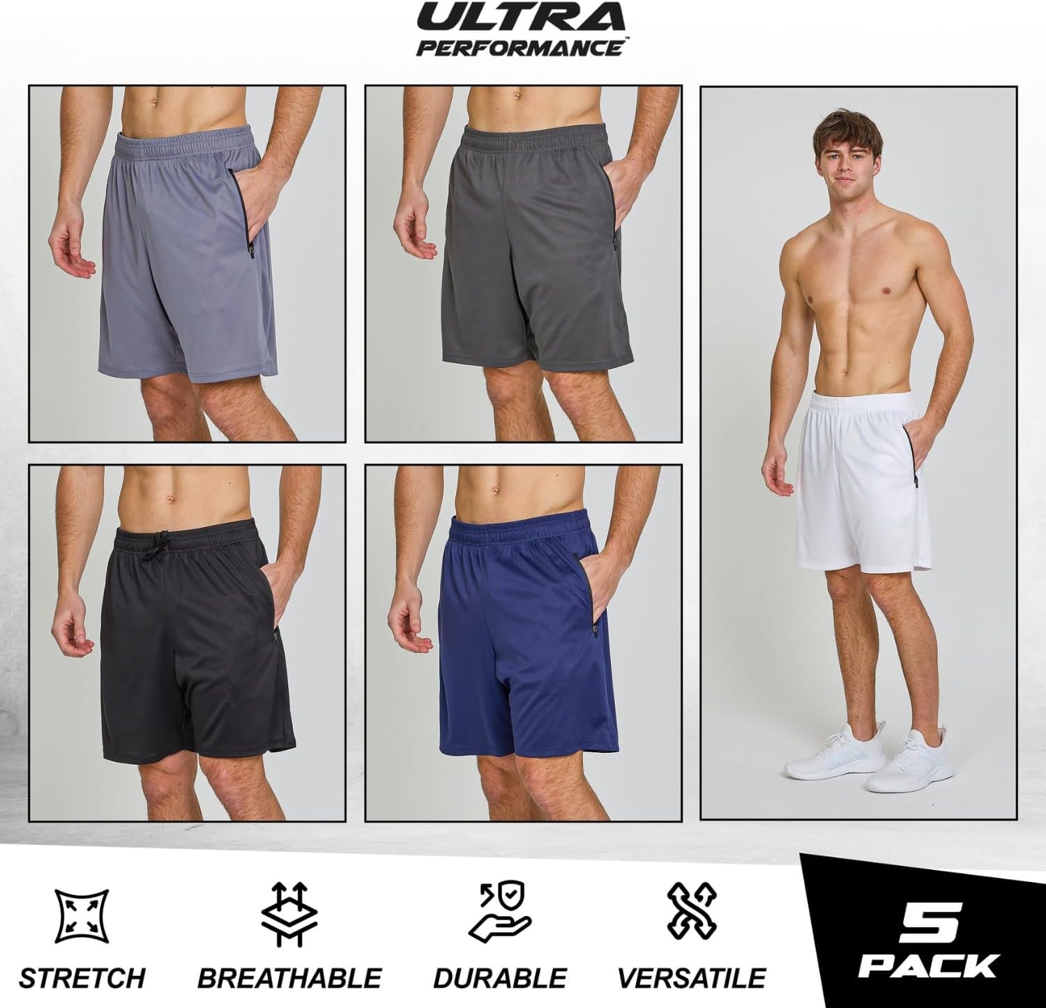 Ultra Performance Mens Gym Workout Shorts 5 Pk Men’s Athletic Running Basketball Shorts for Men with Zipper Pockets 7”Inseam