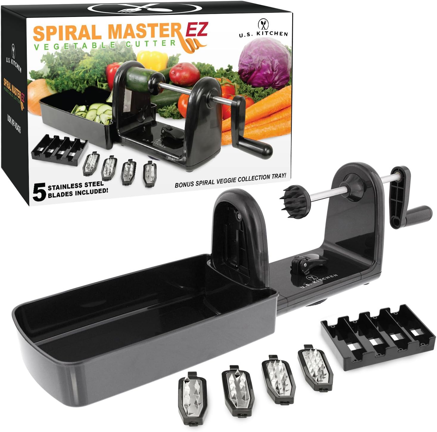 U.S. Kitchen Supply Spiral Master EZ Vegetable Cutter with 5 Versatile Stainless Steel Slicer Blades - Compact, Durable - Make Spiral Veggie Pasta, Spaghetti - Cut Fruit