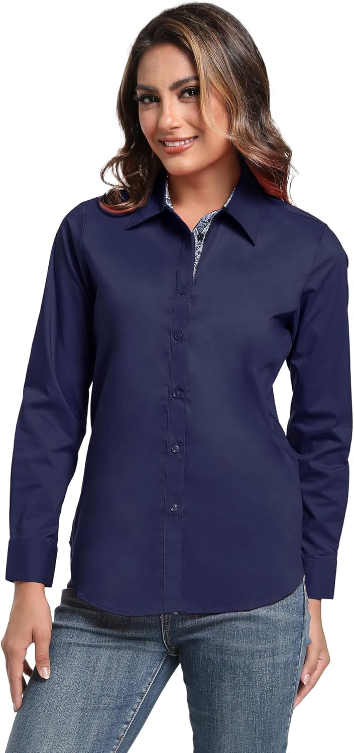 Esabel.C Womens Dress Shirts Cotton Long Sleeve Regular Fit Stretch Button Down Blouse - Image 2