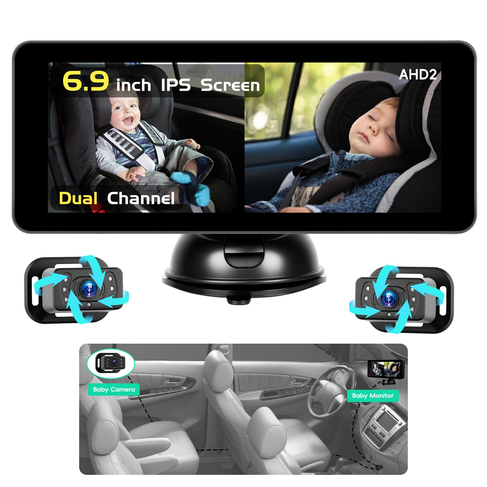 Hikity Monitor per Neonati in Auto - Stabilità Posteriore Telecamera Posteriore con Monitor da 6,9" per Seggiolino Auto - 2 Telecamere, Supporto Ventosa, DC 12V, Telecamera Auto Per Bambini