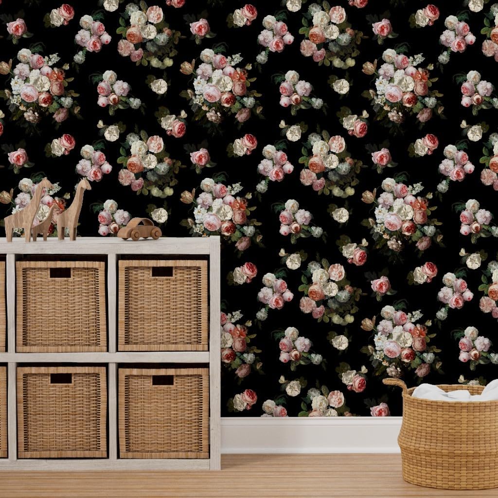 Peel & Stick Wallpaper 3ft x 2ft - Floral Painting Blossoms Pink Black Romantic French Custom Removable Wallpaper by Spoonflower