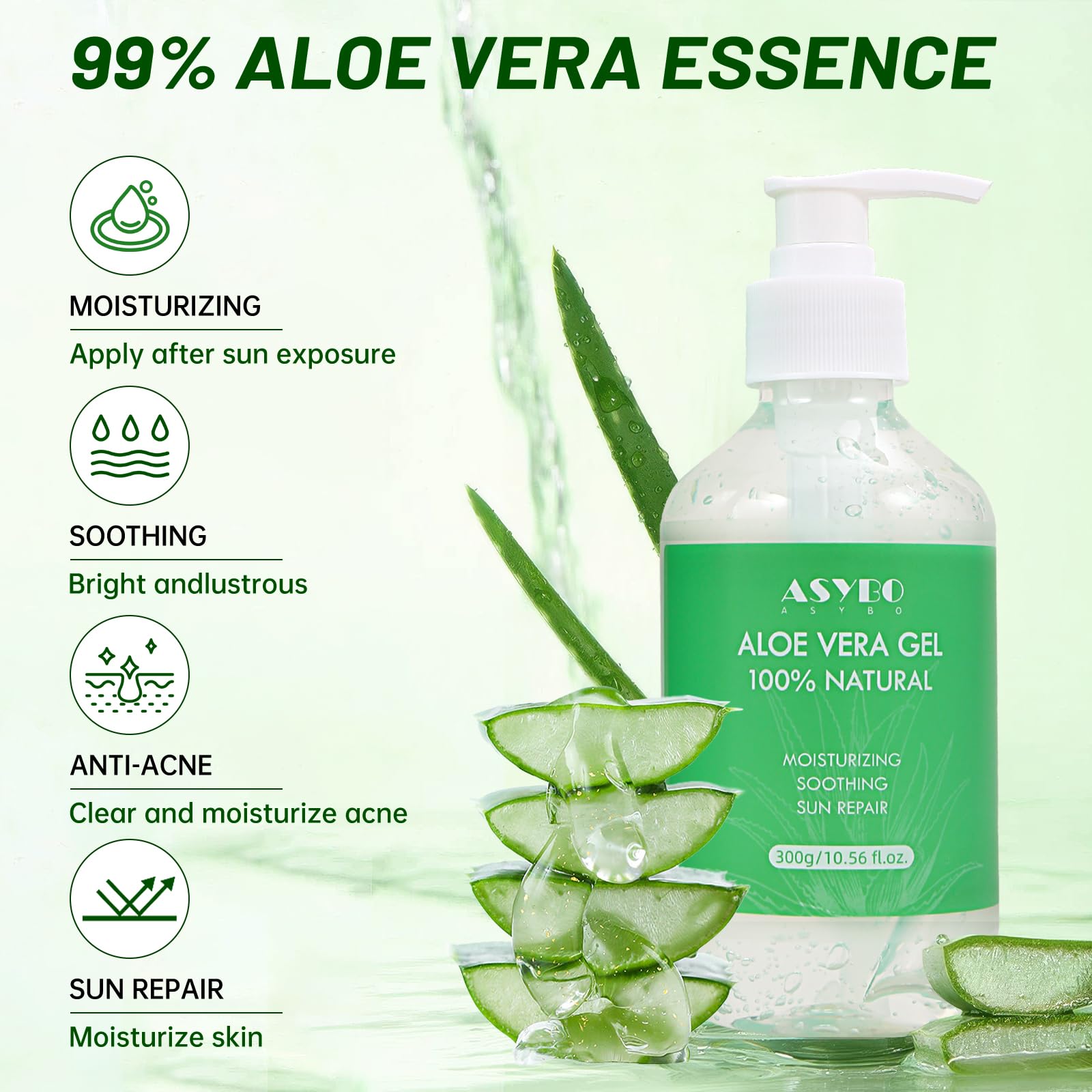 Żel Aloe Vera 300 ml – 100% czysty aloes do twarzy, ciała, włosów, uspokajający i odżywczy krem z aloesu do suchej skóry, poparzeń słonecznych, trądziku, balsamu po opalaniu