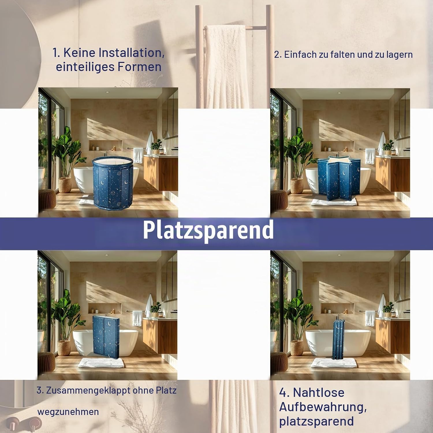 Vasca da bagno pieghevole per adulti, 80 x 65 cm, portatile, con cuscino da seduta, tubo di scarico e borsa portaoggetti, pareti isolate per ritenzione del calore, doppi fori di drenaggio, per doccia