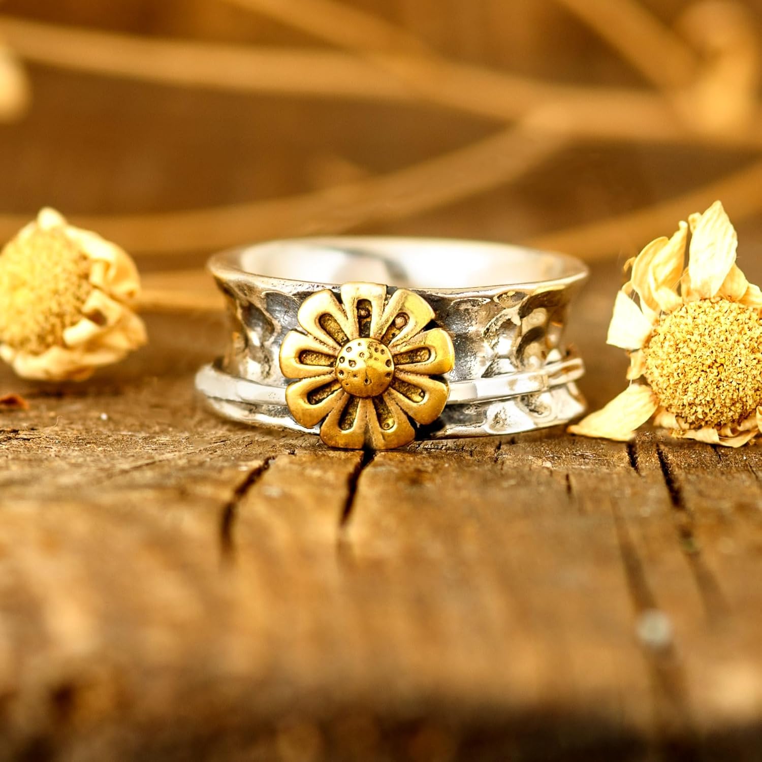 Boho-Magic Sunflower Ring, Spinner Rings for Women 925 Sterling Silver and Brass Sunflower | Nature Wide Band Fidget Meditation Anxiety jewelry (11)