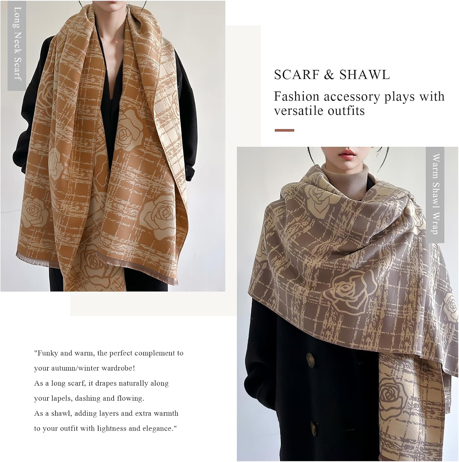 LumiSyne Winter Scarf Women Pashmina Shawls And Wraps Romantic Checked Camellia Pattern Reversible Cashmere Scarf With Tassel - Image 5