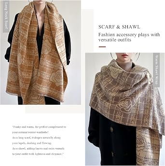 LumiSyne Winter Scarf Women Pashmina Shawls And Wraps Romantic Checked Camellia Pattern Reversible Scarf With Tassel