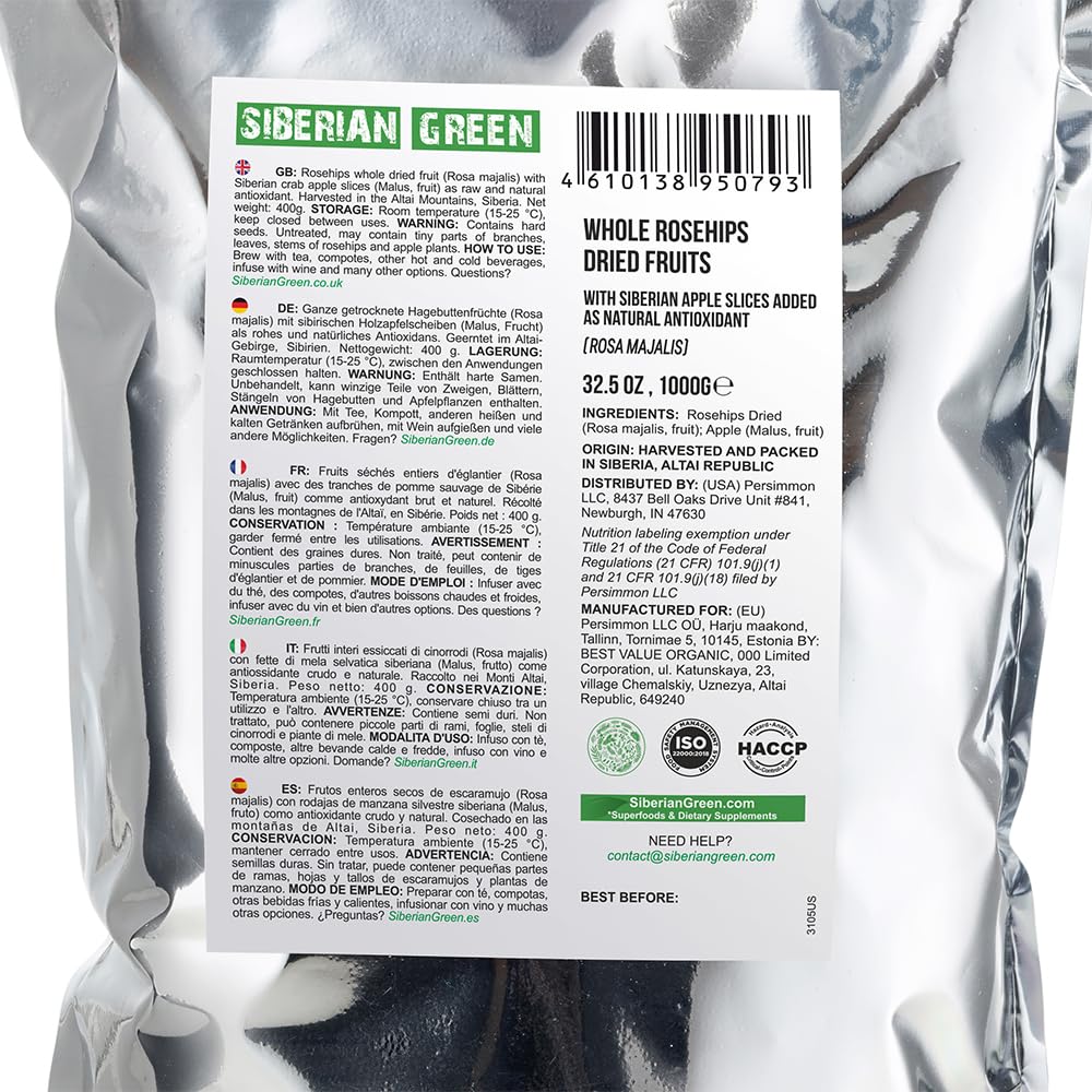 Siberian Dried Rose Hips Whole Seeds 1 kg (2.2 pounds) - Rosehips Herbal Tea Directly from Siberia Altai Mountains and Taiga with Apples slices as antioxidant
