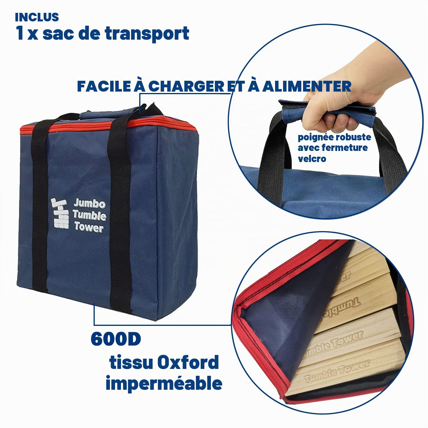 Jac & Mok Jumbo Tumble Tower Lot de 60 blocs en pin avec sac de transport