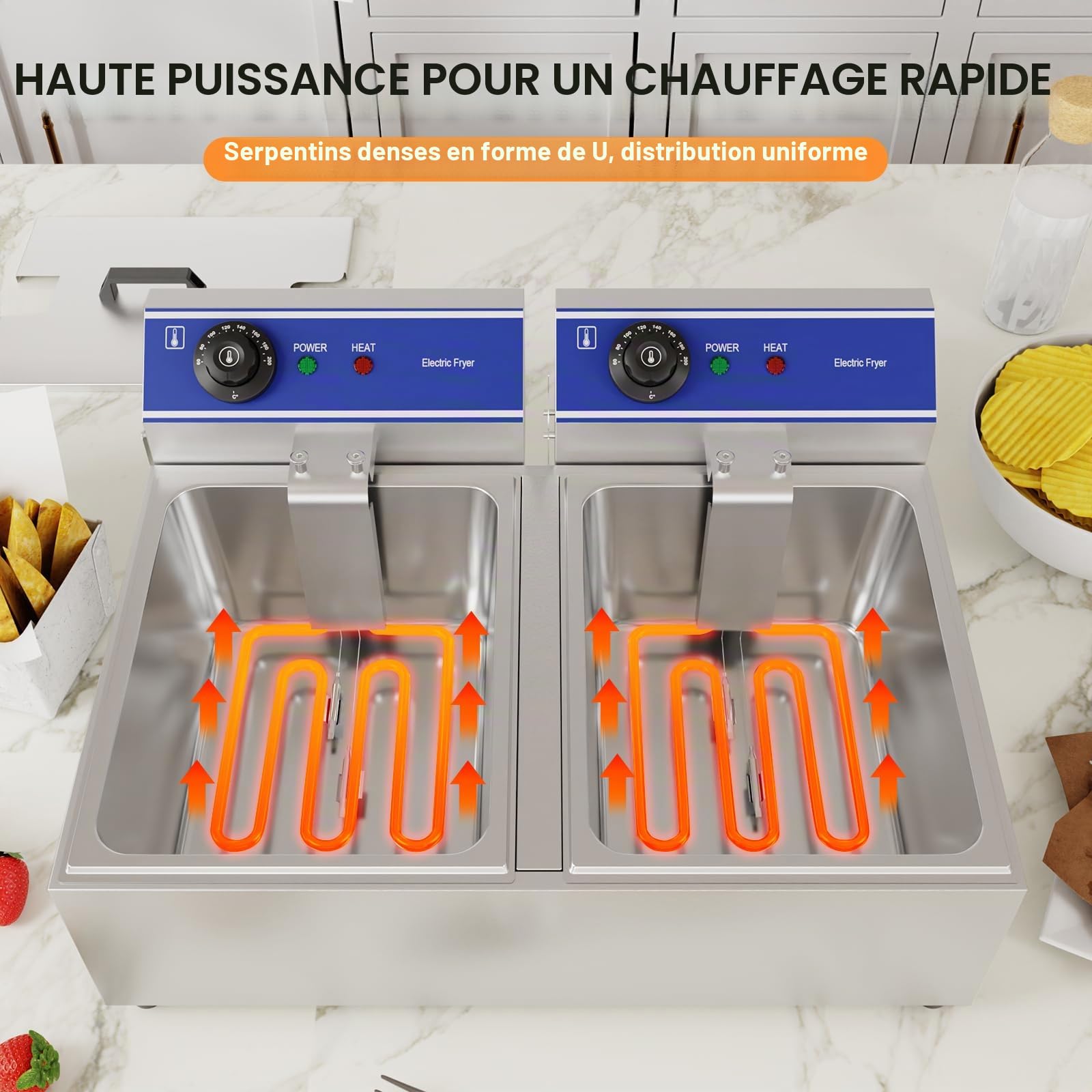 TAIMIKO Friteuse électrique commerciale 2 réservoir en acier inoxydable 3000W*2 220V-240V Thermostat 60-200 °C