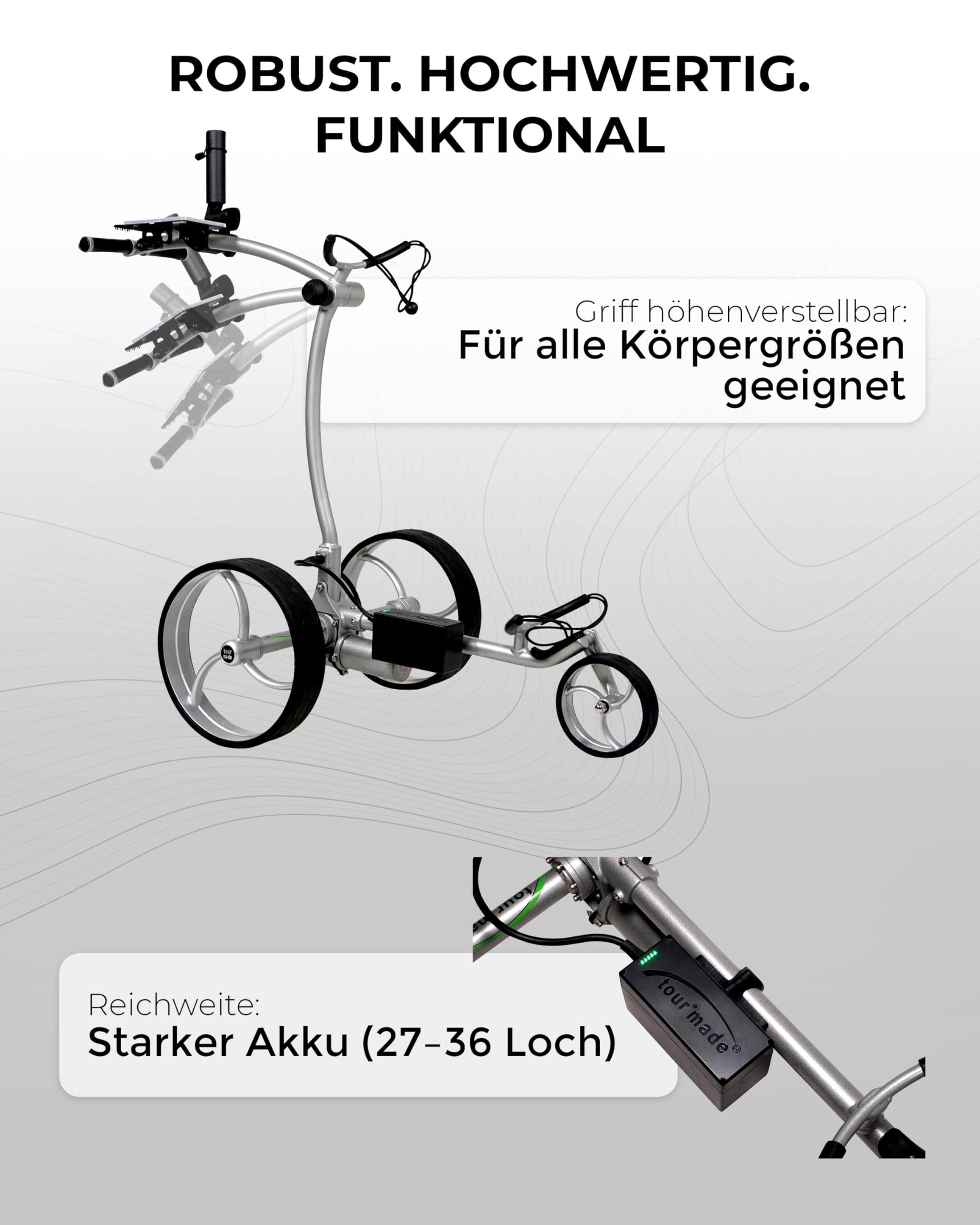 tour made RT-610S Golftrolley Elektrisch I Bergabfahrbremse I viel Zubehör | Lithiumakku 27-36 Loch I Premium Golf Trolley Elektro I robust & schnell verstaut I Deutsche Markenqualität