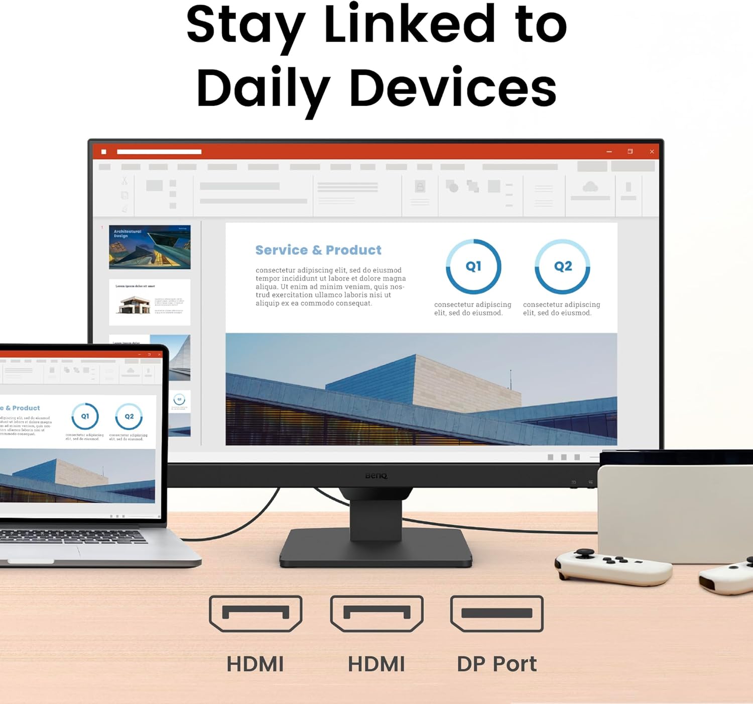 BenQ GW2790Q monitor displaying a presentation, illustrating its use for productivity.