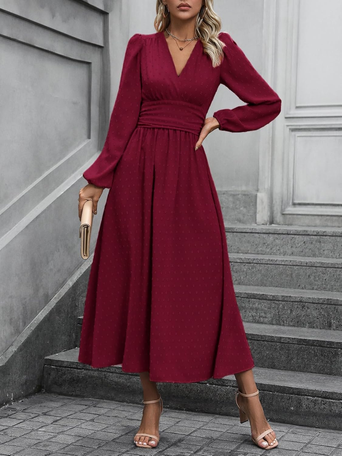 Mettclasi Women's Spring Fall Swiss Dot V Neck Maxi Dress Casual Puff Long Lantern Sleeve A-Line Flowy Dress - Image 5