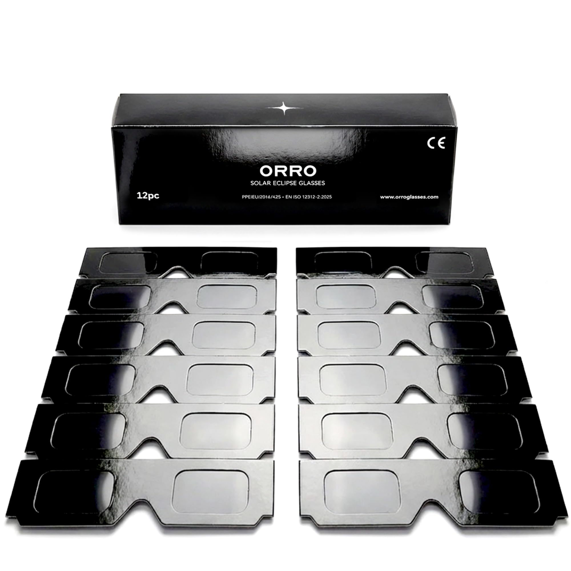 ORRO Gafas para eclipse solar Classic 37 mm Pack de 12, Negro, Protección ocular certificada, Probadas según EN ISO 12312-2:2015, Marcado CE para observación solar directa segura