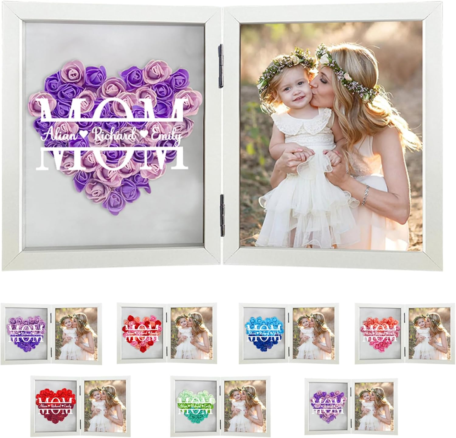 Personalized Mom Flower Shadow Box with Names Custom Mothers Day Roses Flower Shadow Box Photo Frame Picture Memory Shadow Box Frame Heart Monogram Flower Shadowbox for Mom Grandma Wife