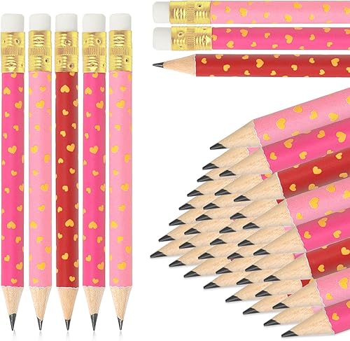 JarThenaAMCS 60 lápices cortos para el día de San Valentín con borradores de 4 pulgadas, lápices de escritura de corazón dorado, 3 estilos, medios
