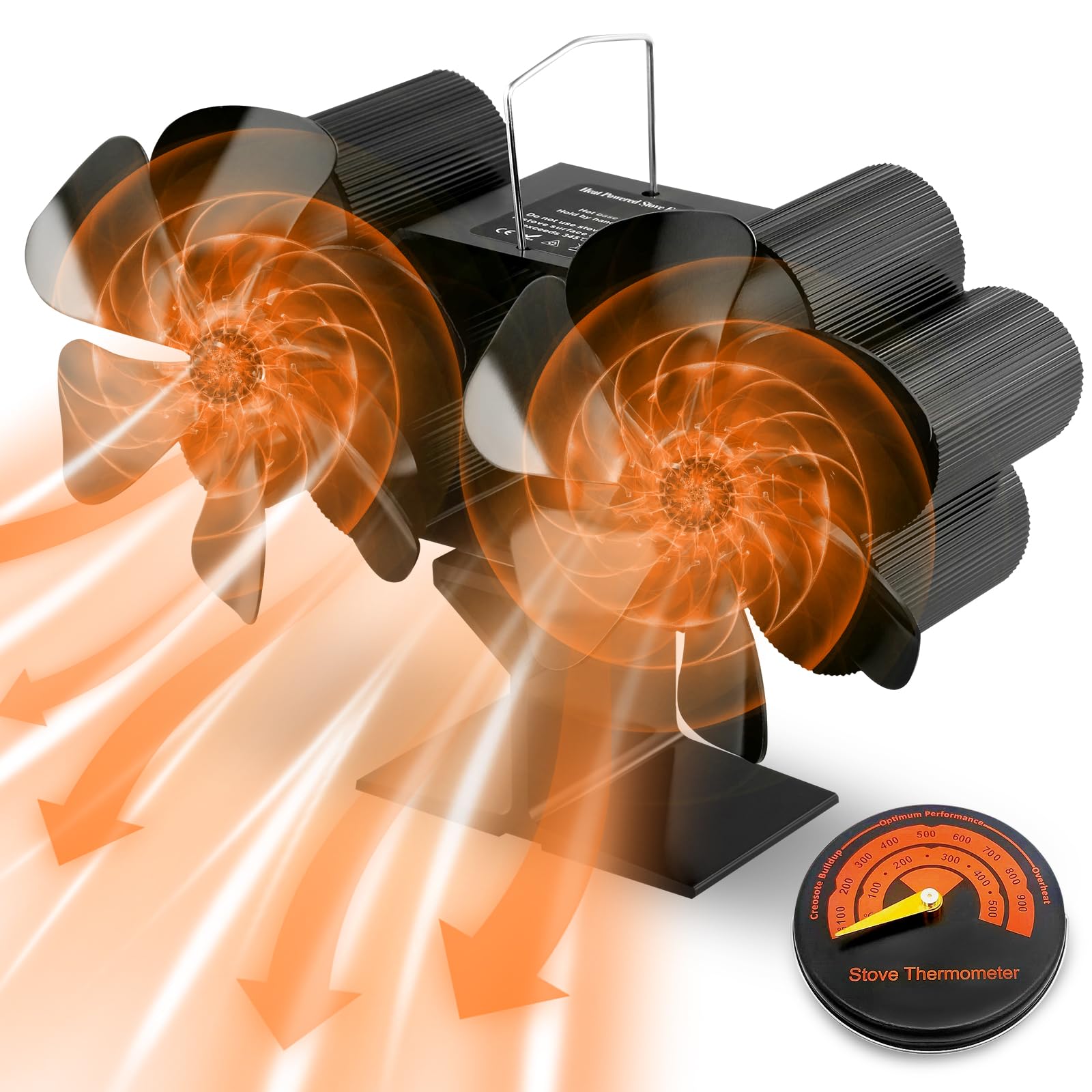 Log Burner Fan, 12 Blades Wood Stove Fan, Dual Motor Stove Fan Log Burners with Stove Thermometer, Heat Powered Silent Operation Fireplace Fan for Wood Burning Stoves, Eco-Friendly Circulation Fan