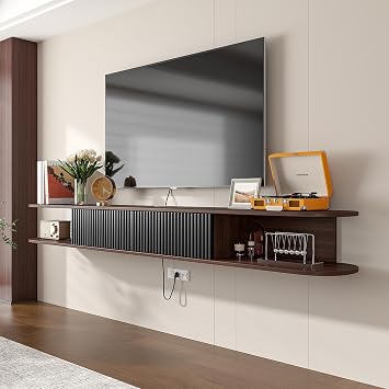 Floating TV Stand,55 Wall Mounted TV Stand Floating TV Unit Media Console Shelf with 2 Flip-Down Cabinet Doors and 2 Open Shelves for Bedroom, Livingroom, Media Room Office, Walnut+Black