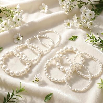 8Pcs White Pearl Bracelets for Women, Faux Pearl Bracelet Stack | Stretch Bridal Wedding Jewelry with Sizes 4/6/8/12mm, Pearls Accessories for Women Lady Beaded Bracelets Wedding Daily Wear