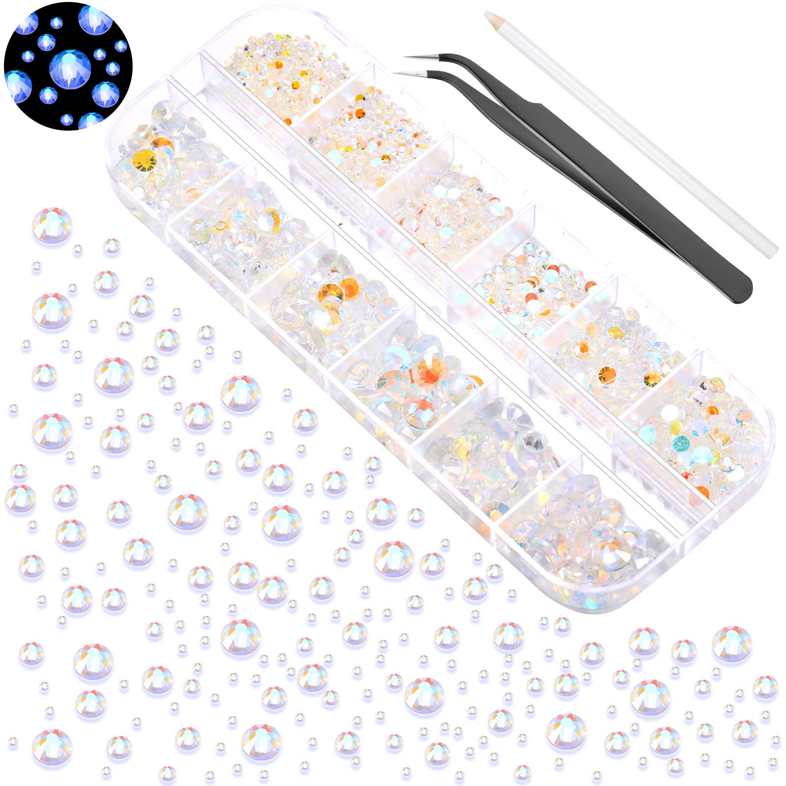 TecUnite 2000 Pieces Flat Back Round White Polar Light Crystal Rhinestones (1.5-6 Mm) with Pick Up Tweezer and Picking Pen for Crafts, Nail, Clothes, Shoes, Bags, DIY Art