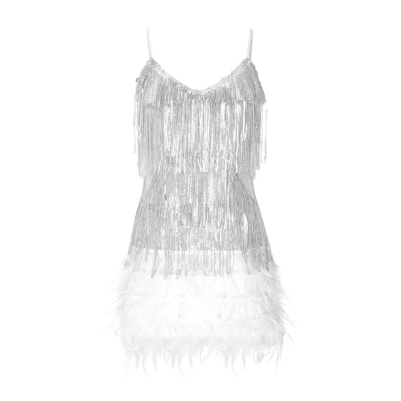Abito da donna, alla moda, tinta unita, con frange, con paillette, con piume, sexy, senza maniche, senza spalline, da cocktail, da sera