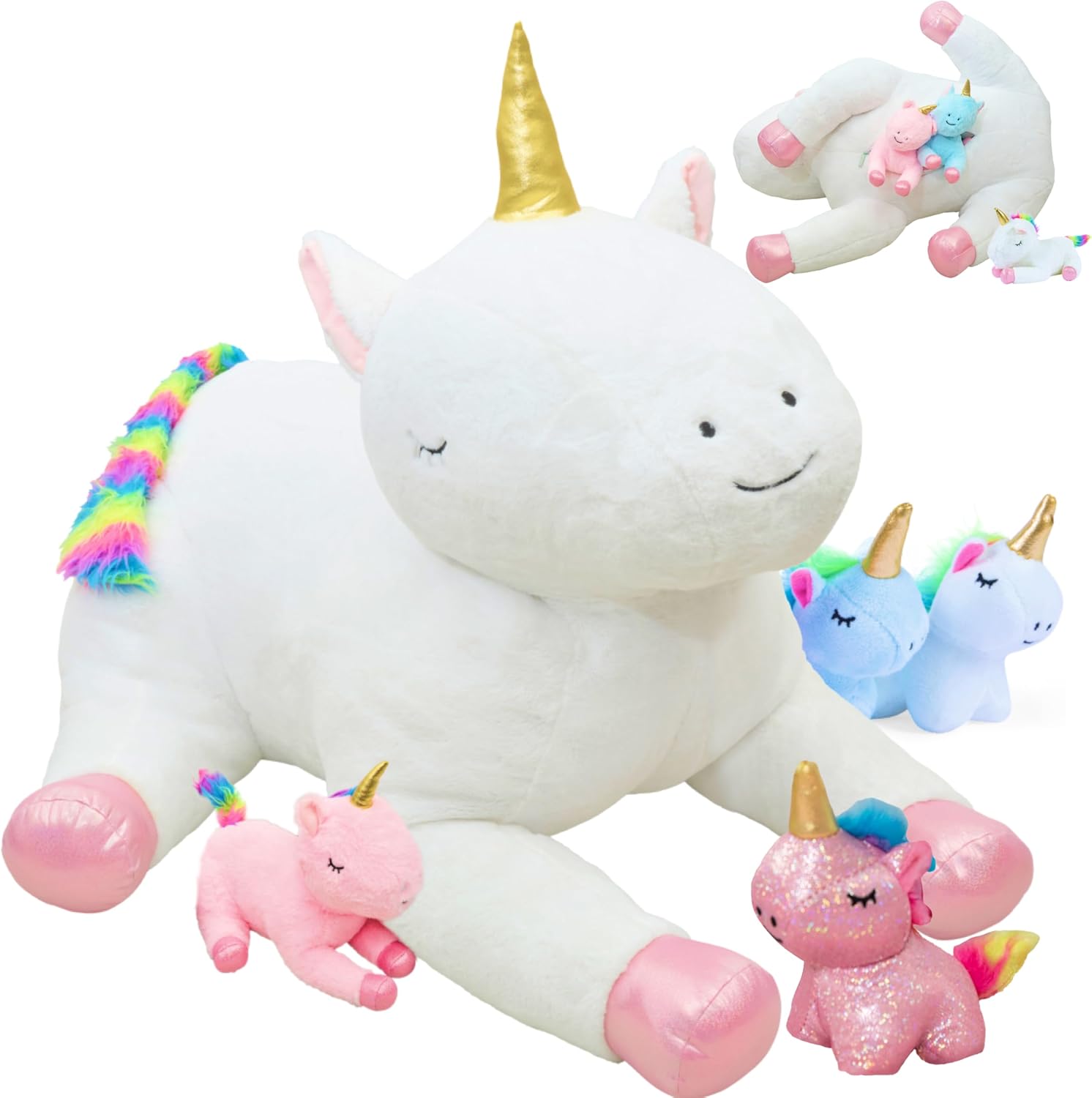 PixieCrush Giant Unicorn Stuffed Animals for Girls Ages 3 4 5 6 7 8 Years; Snugababies Family of Stuffed Mommy with 4 Baby Unicorns in her Tummy; Soft Unicorn Pillows for Girls Mommy Unicorn & 4 babies