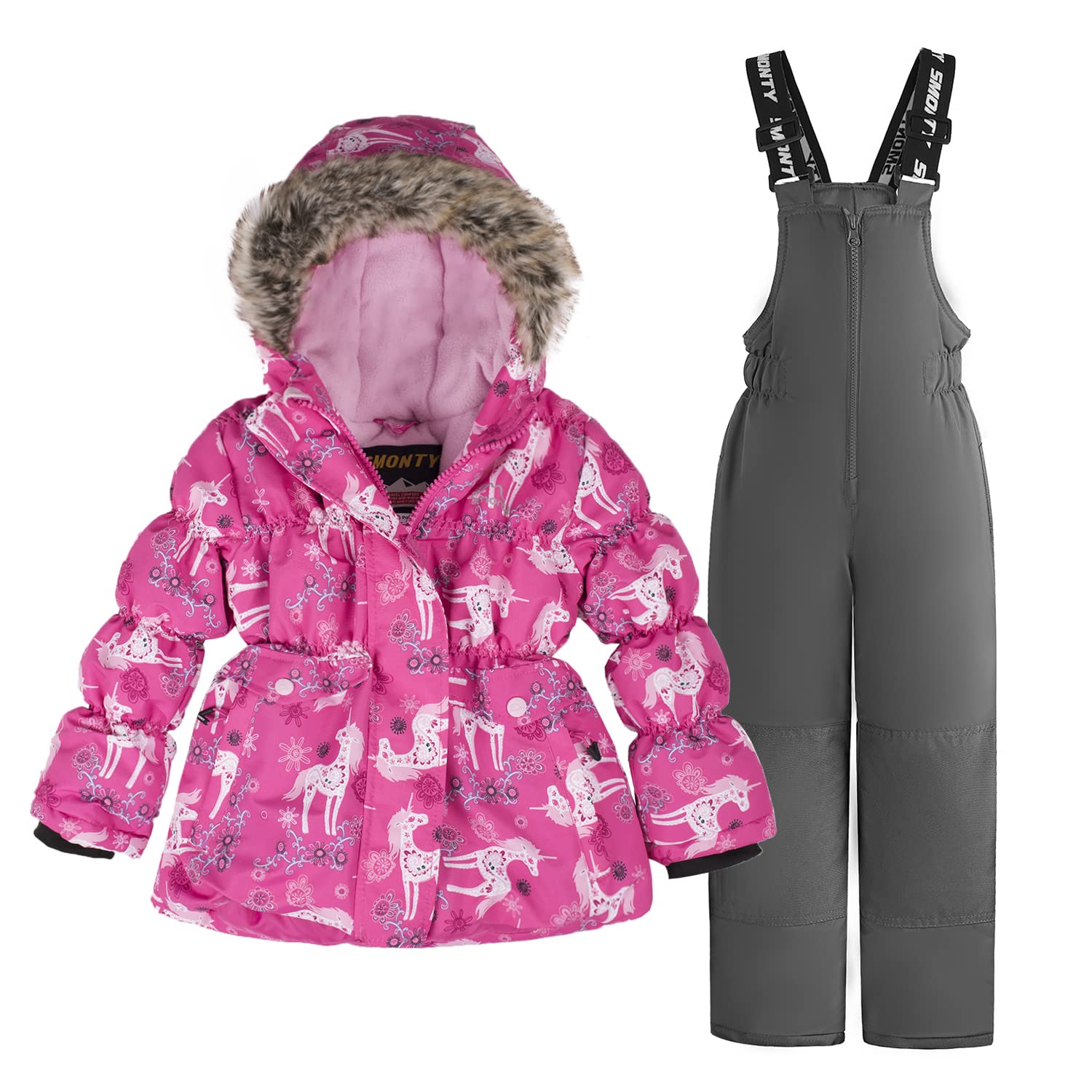 SMONTY Traje de nieve para niños para niñas Conjunto de chaqueta y pantalones de esquí de invierno Conjunto de correas con capucha A prueba de viento Impermeable Cálido (3-4, Rosa)