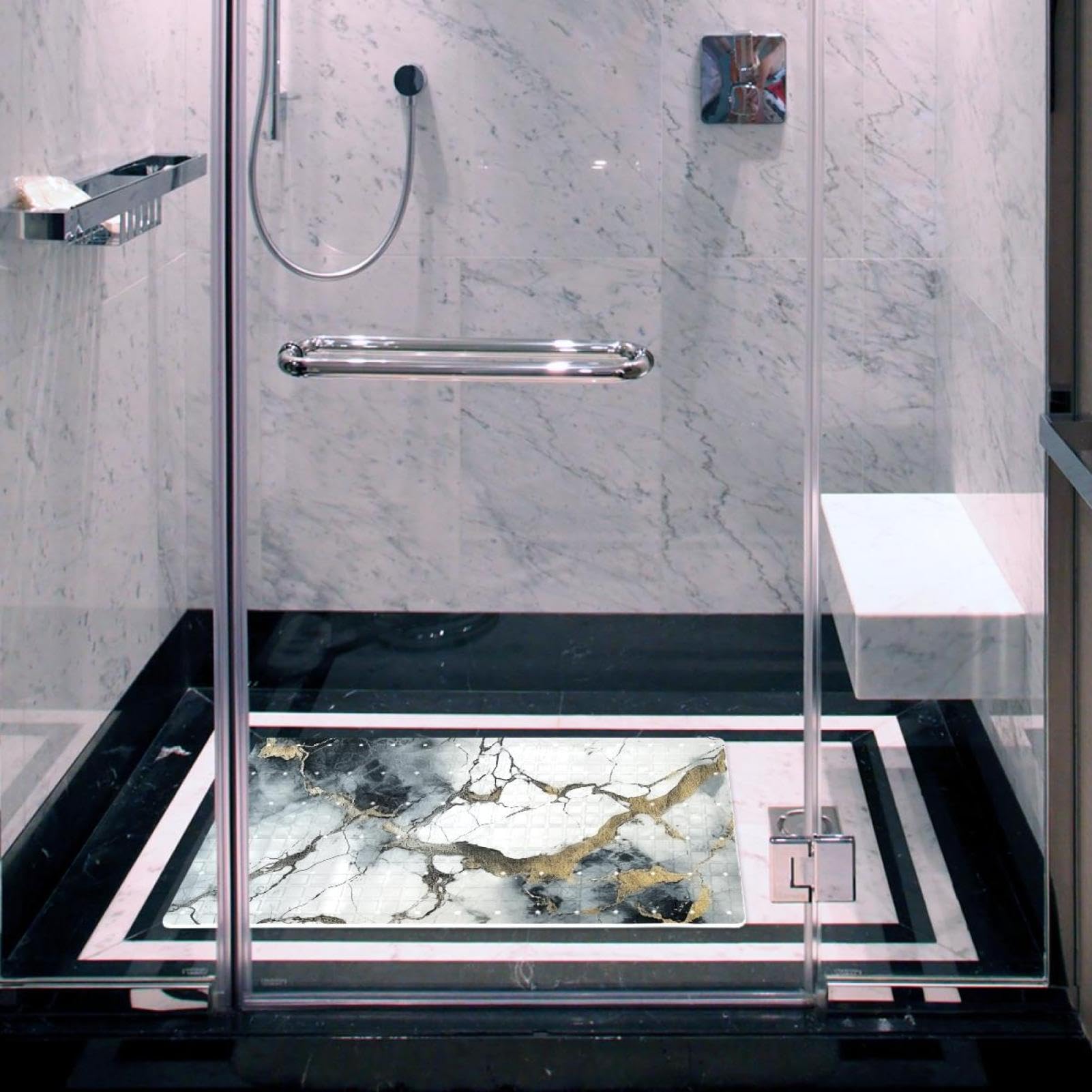 Tapis de bain à rayures marbrées transparentes pour l'intérieur de la douche, tapis de bain antidérapant et anti-moisissure en PVC pour salle de bain zones de douche humides (38,5 x 68 cm)