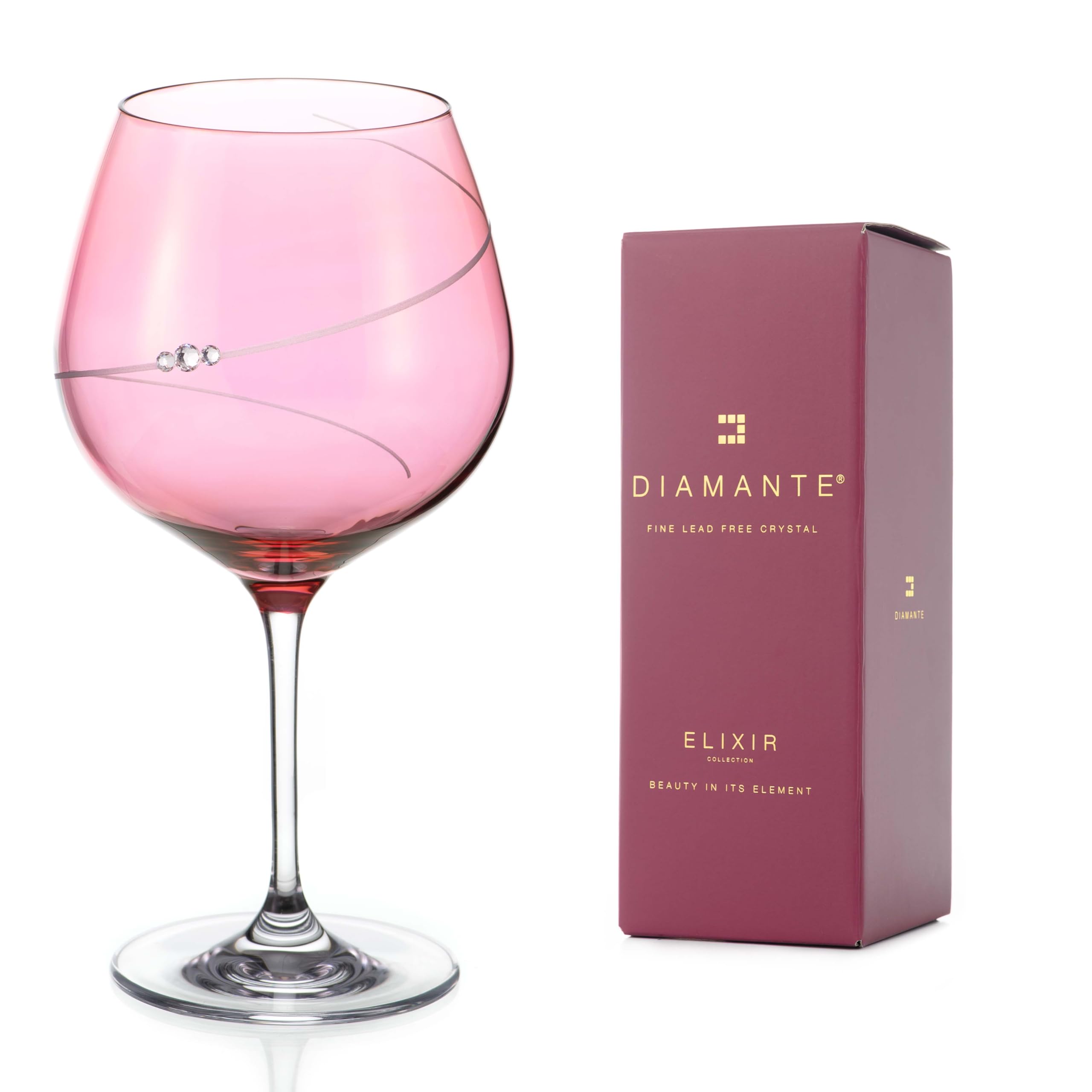 DIAMANTE Verre à gin rose avec motif silhouette rose – Verre coloré rose avec cristaux pour la Saint-Valentin, la fête des mères, Noël dans une boîte cadeau