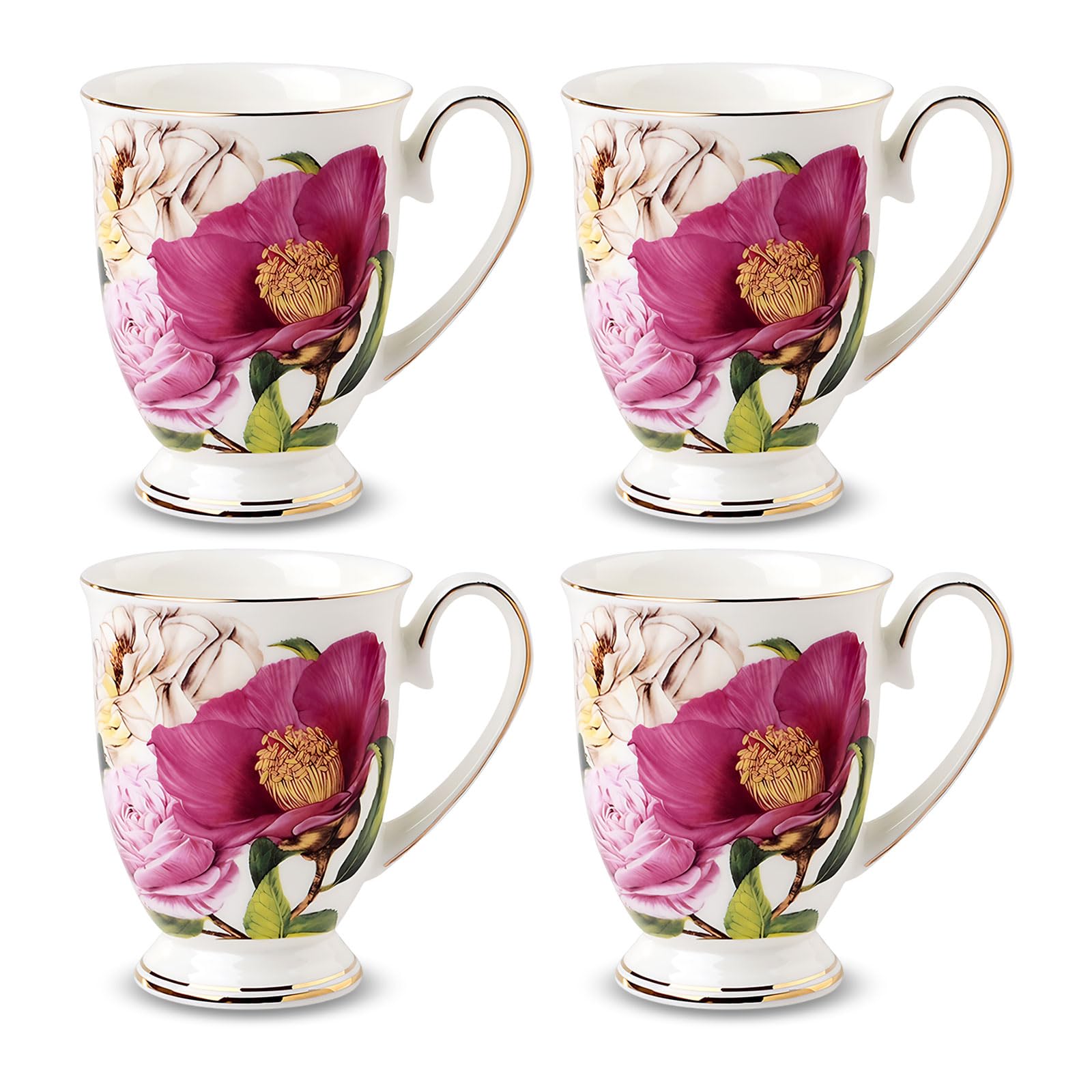 Lot de 4 tasses à café de 312 ml en porcelaine anglaise avec motif floral, grandes tasses à thé, café et chocolat chaud, idéales pour les cadeaux
