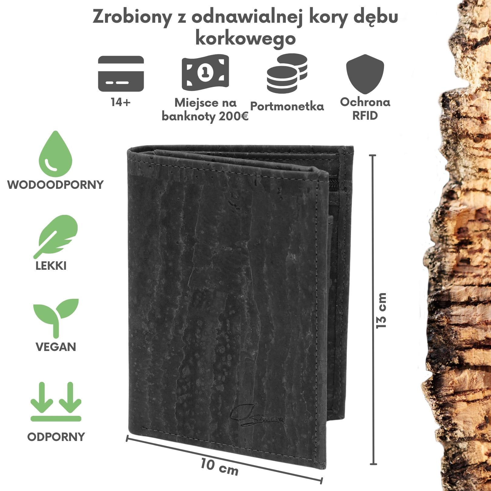 Simaru Portfel z korka dla mężczyzn z ochroną RFID | Wegański portfel z 10 przegródkami na karty oraz miejscem na banknoty i monety | Wodoodporny i zrównoważony | Alternatywa dla skóry (Czarny)