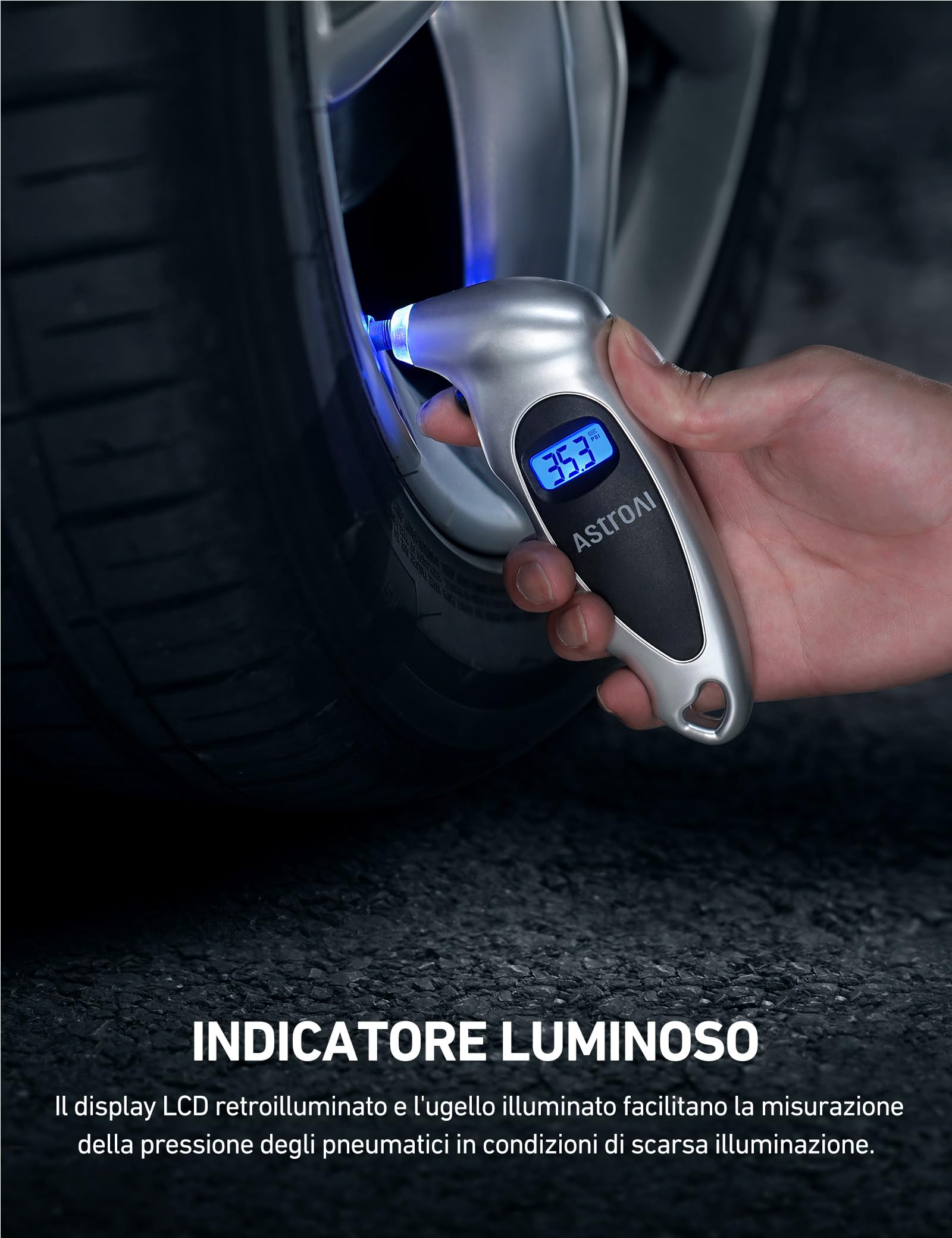 AstroAI Tire Pressure Gauge Digital 0-150PSI (Accurate in 0,1 incrementi), 4 unità Stocking Stuffers per auto camion bicicletta con LCD retroilluminato e adattatore valvola Presta, Sliver