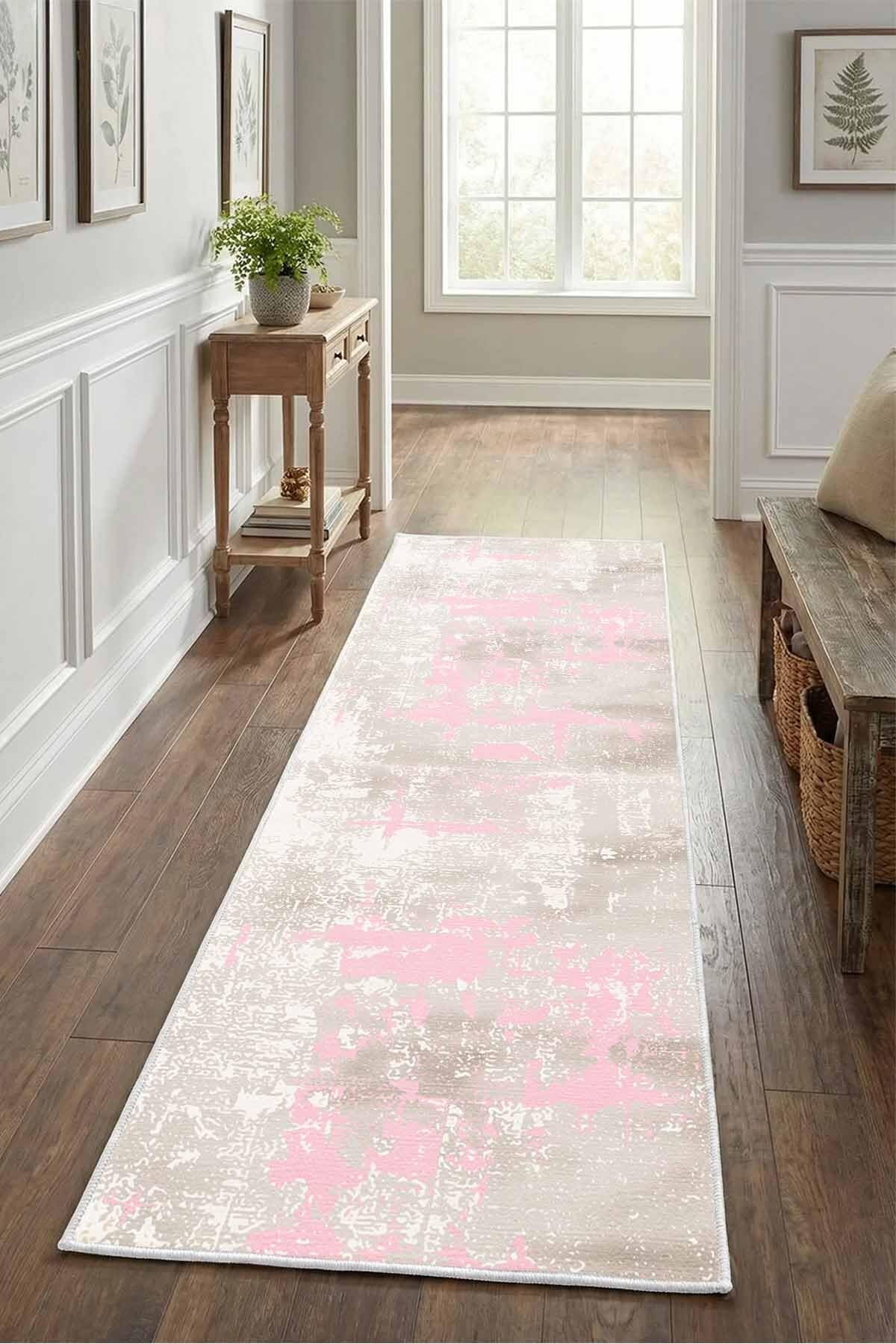 Monnhein Vizon Pembe Yolluk Ceren-3 - Yıkanabilir, Kaymaz Taban, Dijital Baskılı, Leke Tutmaz, İnce Hav, Modern Koridor, Mutfak, Antre ve Salon için Dekoratif Yolluk