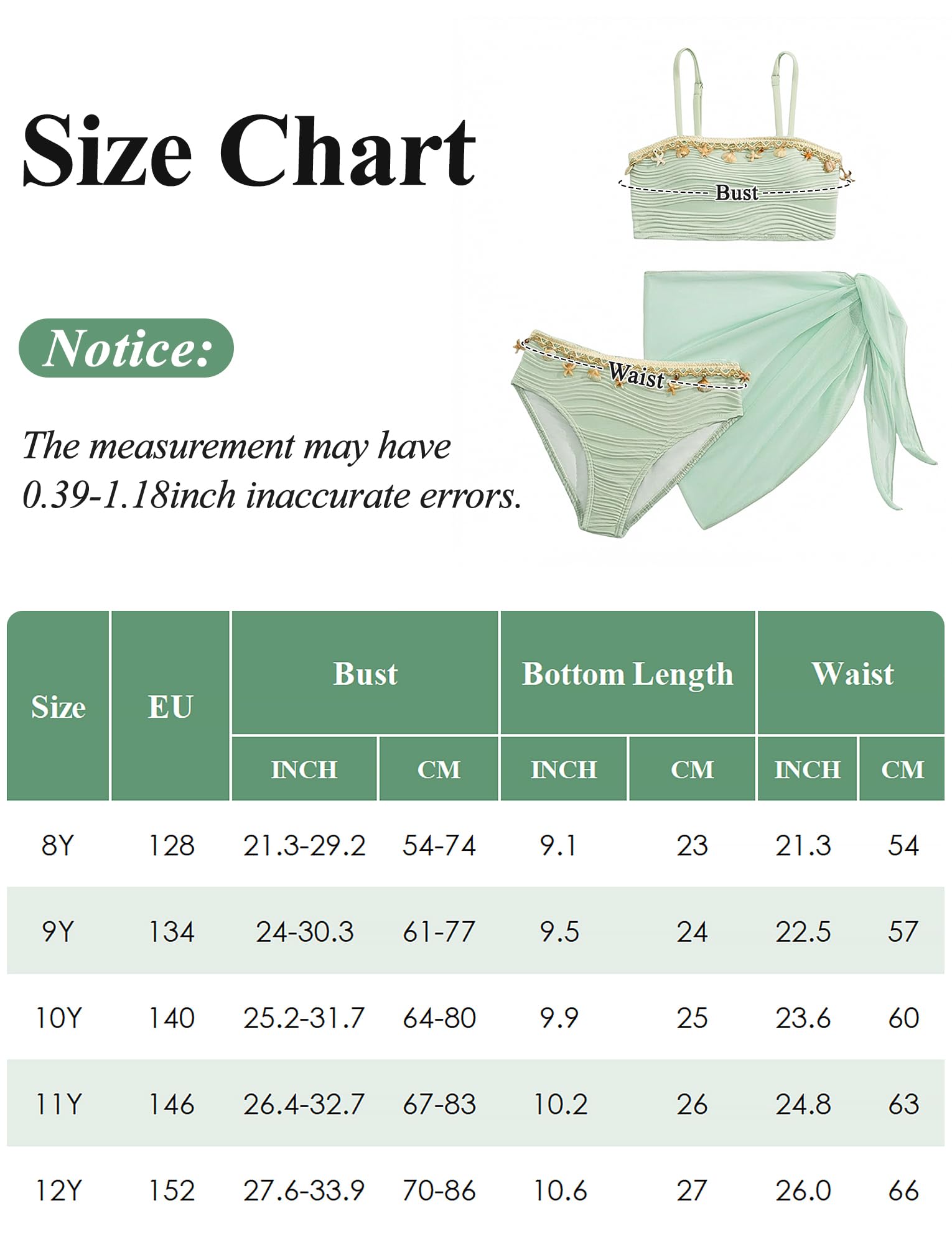 SEAUR Fille Ensemble Bikini avec Jupe 3 Pièces Maillot de Bain Mode Coquille Bikini Set Enfant Été Plage Piscine 8-12 Ans
