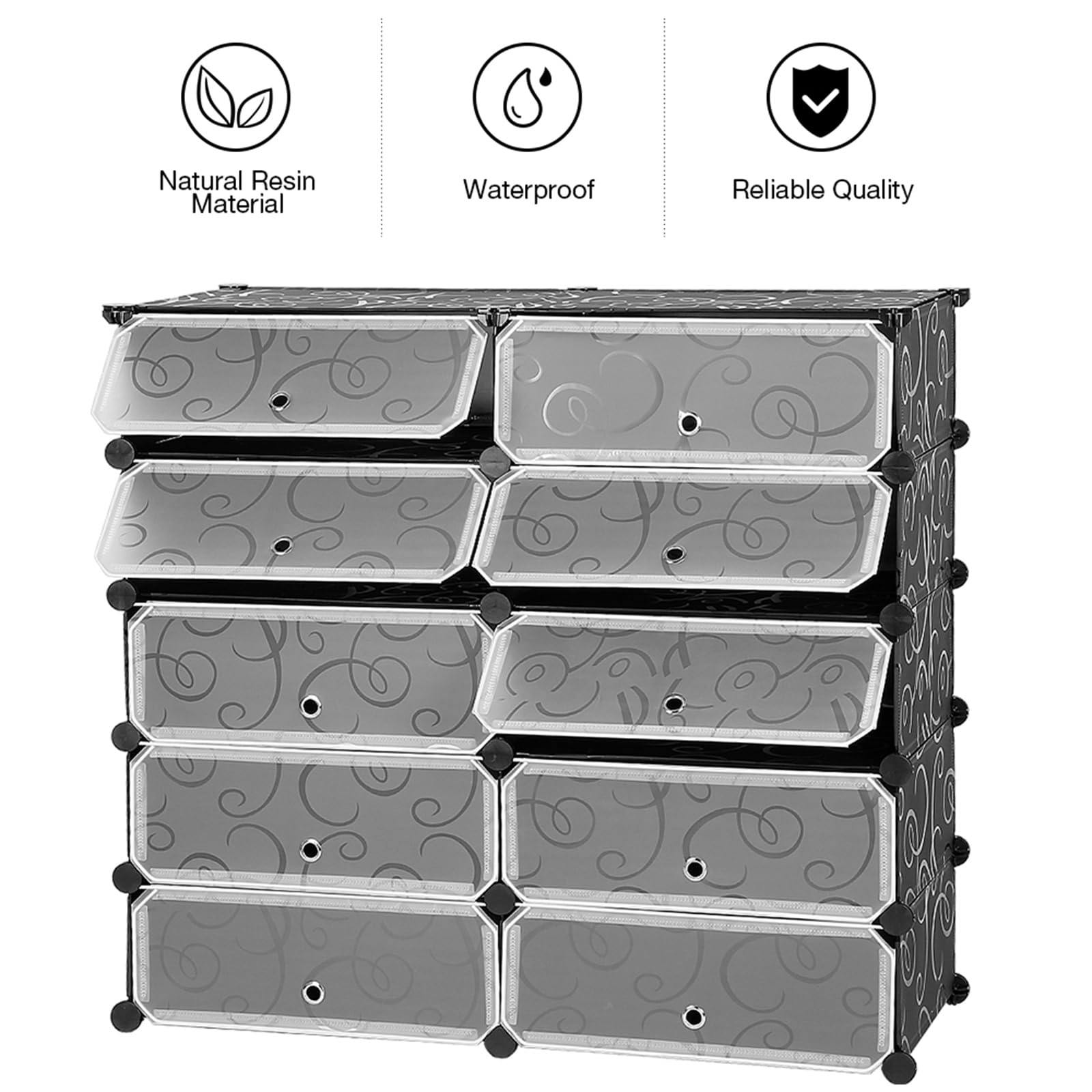 Scatola portaoggetti per scarpe con 10 scomparti, per scarpe da esterno, impermeabile, scaffale in plastica fai da te, con porta, per ingresso soggiorno, camera da letto, nero