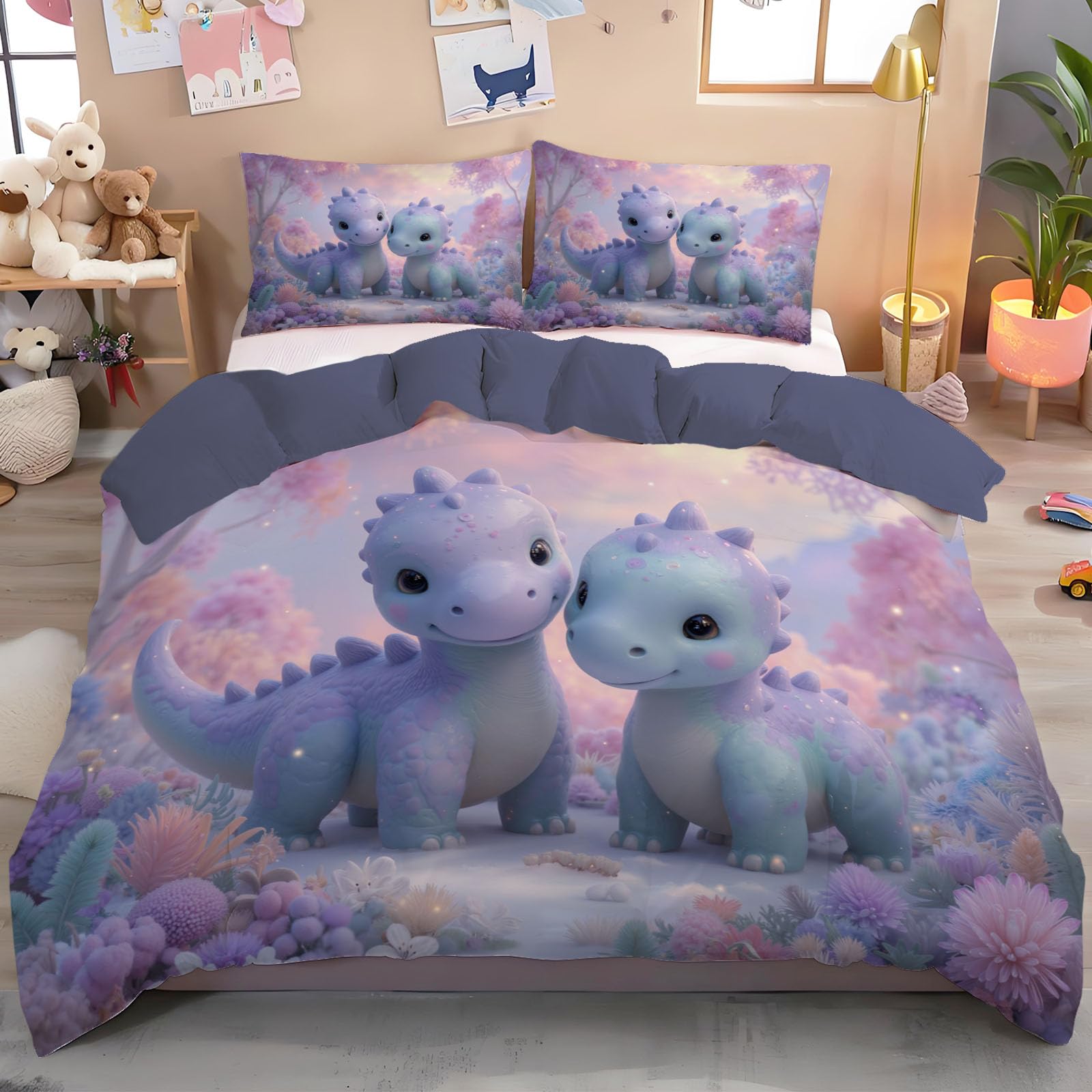 Housse de couette dinosaure 140x200 parure de lit animaux de la forêt rose