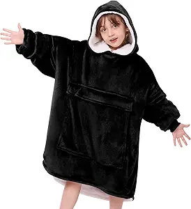 yescool Wearable Blanket Kids Hoodie, Birthday Teen Girls Gifts for 8-15 Year Old Kids Oversized Sweatshirt Sherpa Flannel Cozy Hooded Blanket with Pocket for Children, Youth Teens, One Size, Black