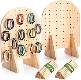2 Sets Keychain Display Stand Wooden Pegboard Display Stand with 25 Pcs Dowel Rods Oval Bracelet Organizer Holder for Jewelry, Craft Shows, Necklace, Selling, 15.75" x 11.81"(Wood)