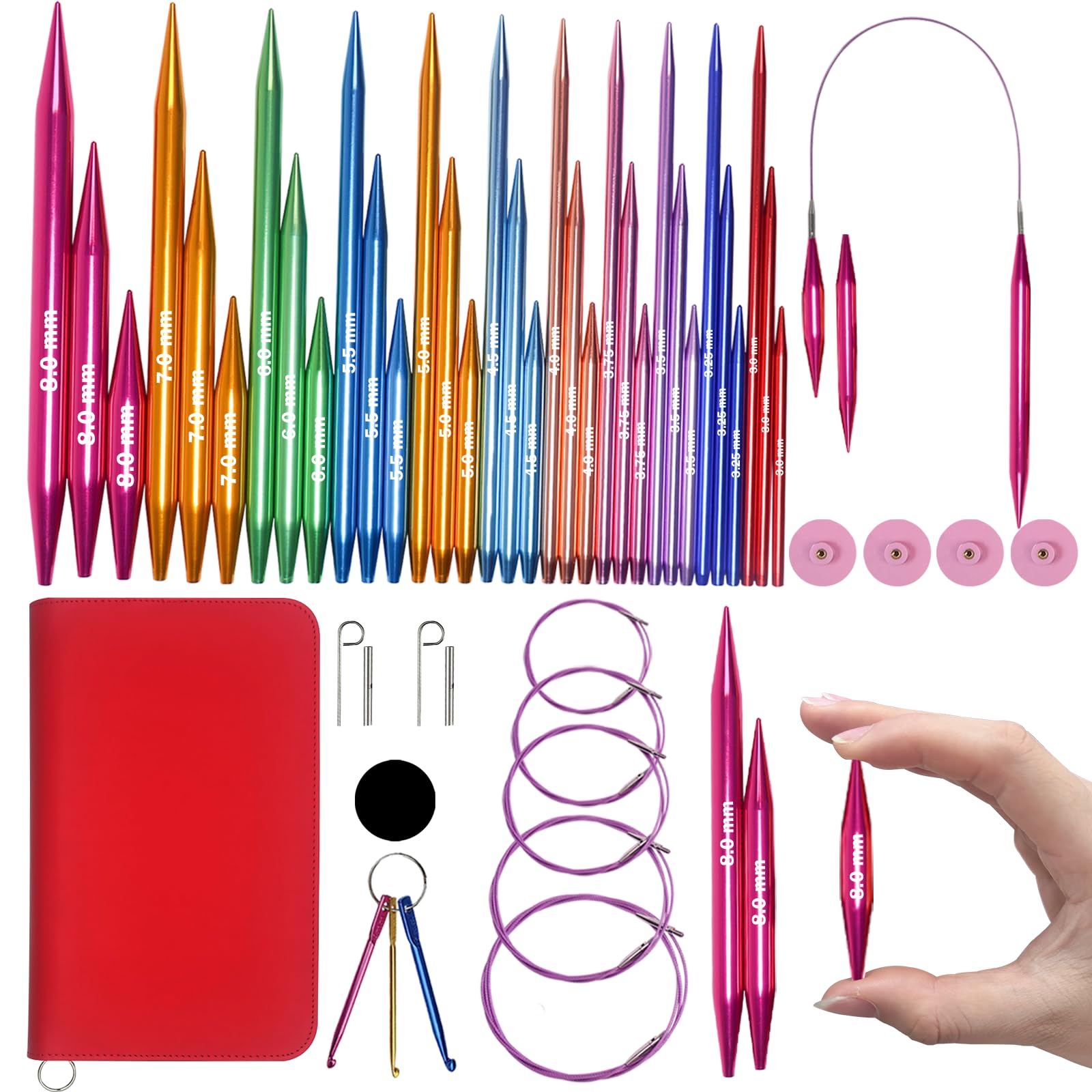 Knitiss Rundstricknadeln mit Etui, 11 Paar Rundstricknadeln, 3–8 mm | Austauschbare Rundstricknadeln aus Aluminium mit 5 Kabeln, mehrfarbig