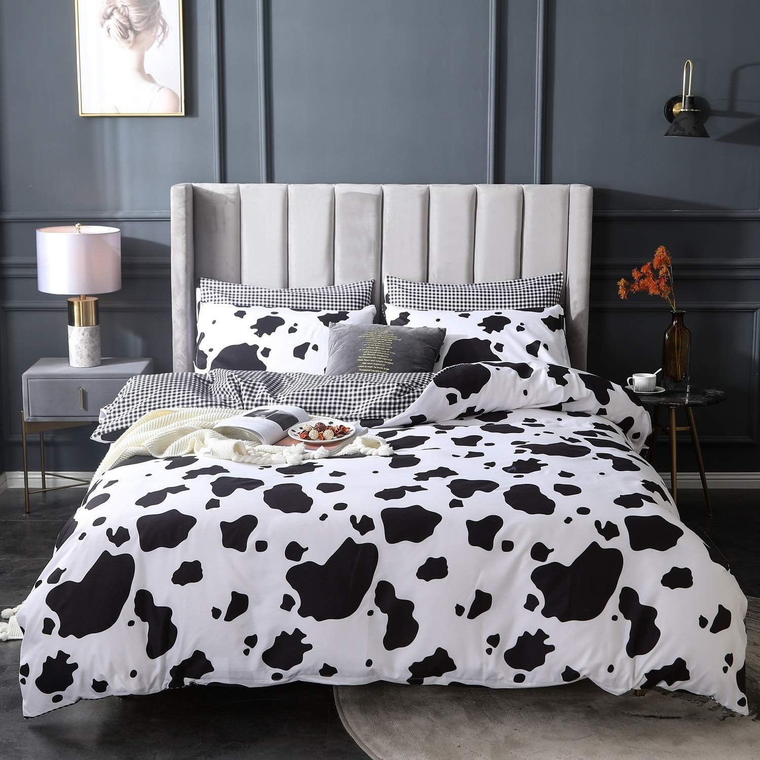 Fan Duvet Cover Set Queen Size Black White Dairy Cow Checkered Pattern Reversible Quilt Cover Microfiber 3 Pieces Bedding Set (1 Duvet Cover 230x230cm + 2 Pillow Shams 50x75cm) with Zipper Closure