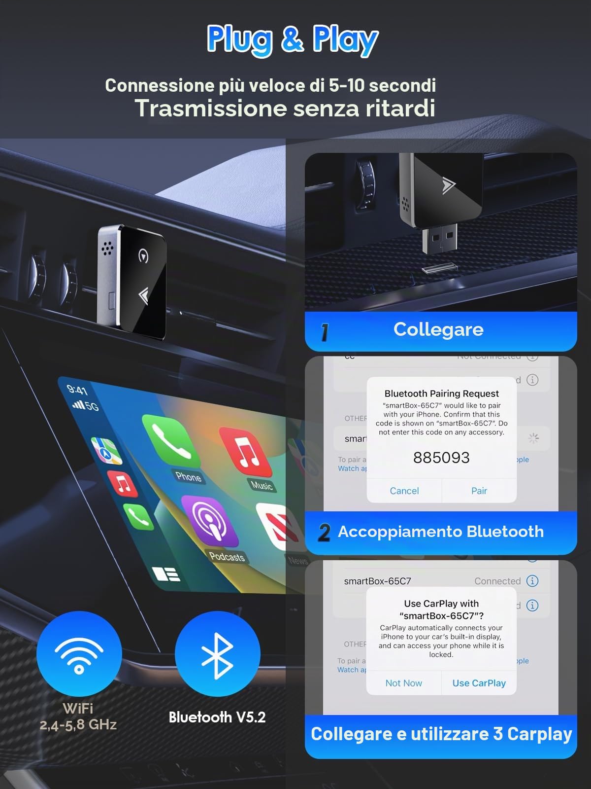 Adattatore Wireless 2 in 1 per CarPlay/Android Auto, PARPAT CarPlay Wireless Adapter con USB/Type-C, Connessione Stabile e Nessun Ritardo, Compatibile con iPhone/Android (CARPLAY01)