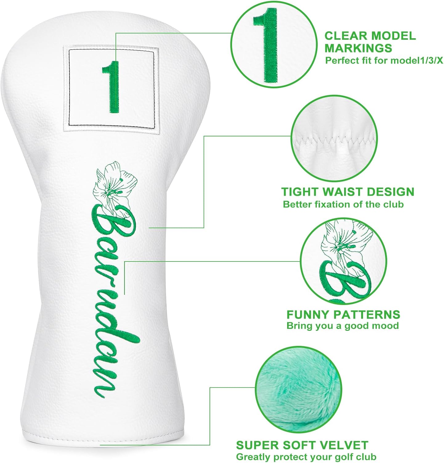 White Green Golf Club Covers Headcovers - 1pc Premium Golf Headcover or Set Golf Headcovers - Driver Headcover 3 Wood Headcover Hybrid Blade Putter Cover Headcover Magnetic