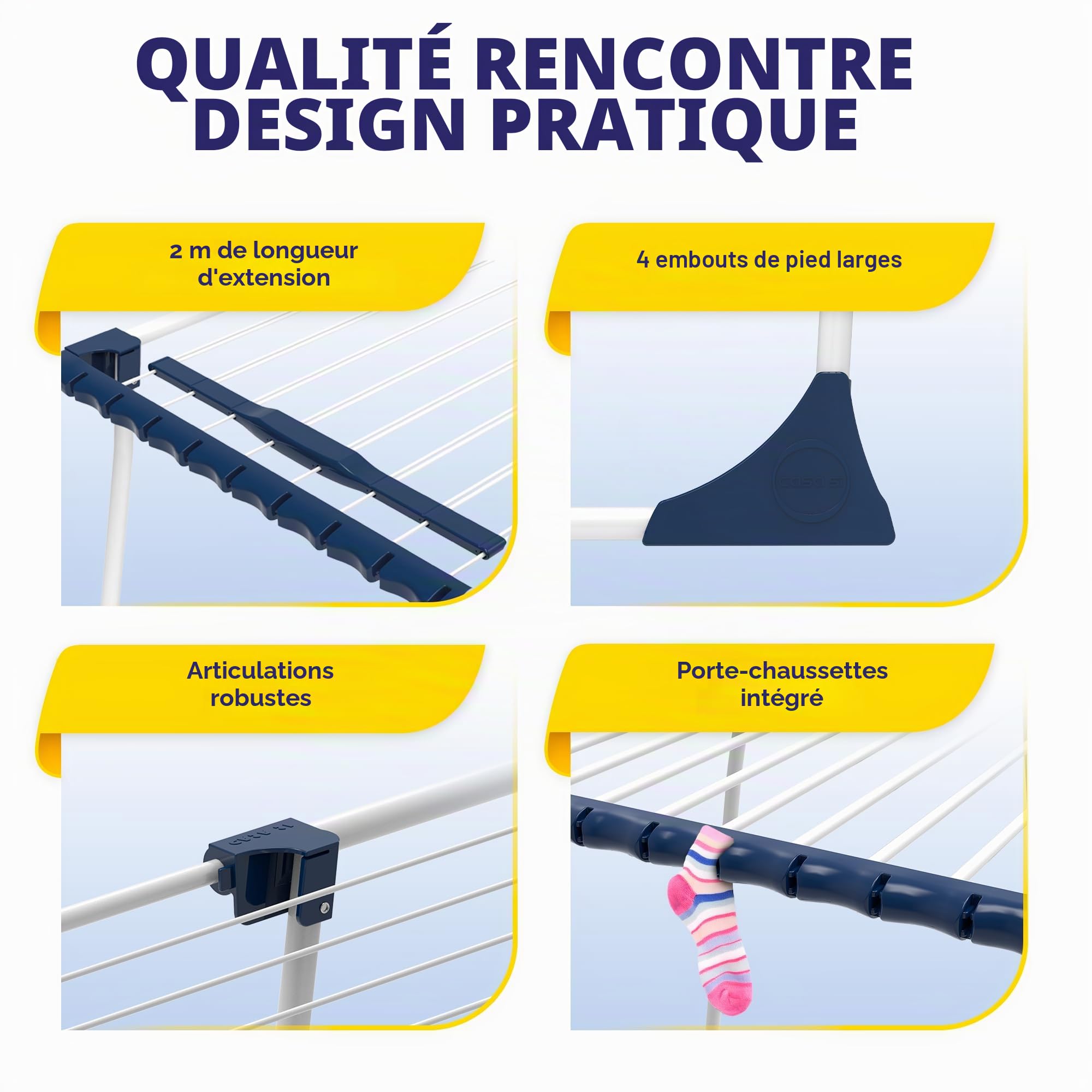 CasaSi® EasyFlex – Étendoir à linge extensible 20 m – extensible et peu encombrant – Étendoir à linge noir en acier allié pour vêtements et serviettes