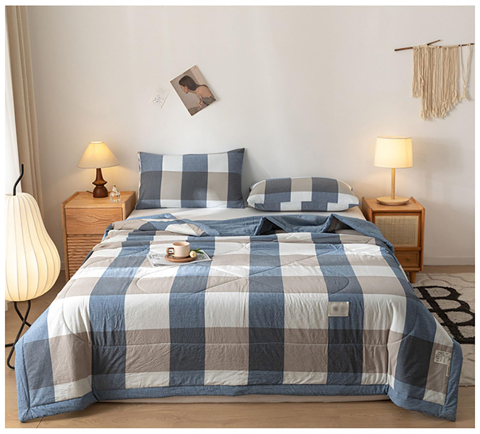 Gofohimi G Ofohimi Classic Plaid Print Beddin Comforter Queen Thin Quilt Summer Lightweight Blanket, Washed Cotton Fabric, Soft Comfy Breathable Bed Blanket,,200X230cm