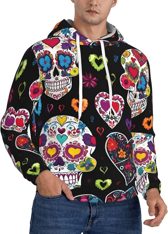 Sugar Skulls Print Warm Men'S Hooded Sweatshirt, Polyester Kangaroo Pocket Hoodie For Casual Daily
