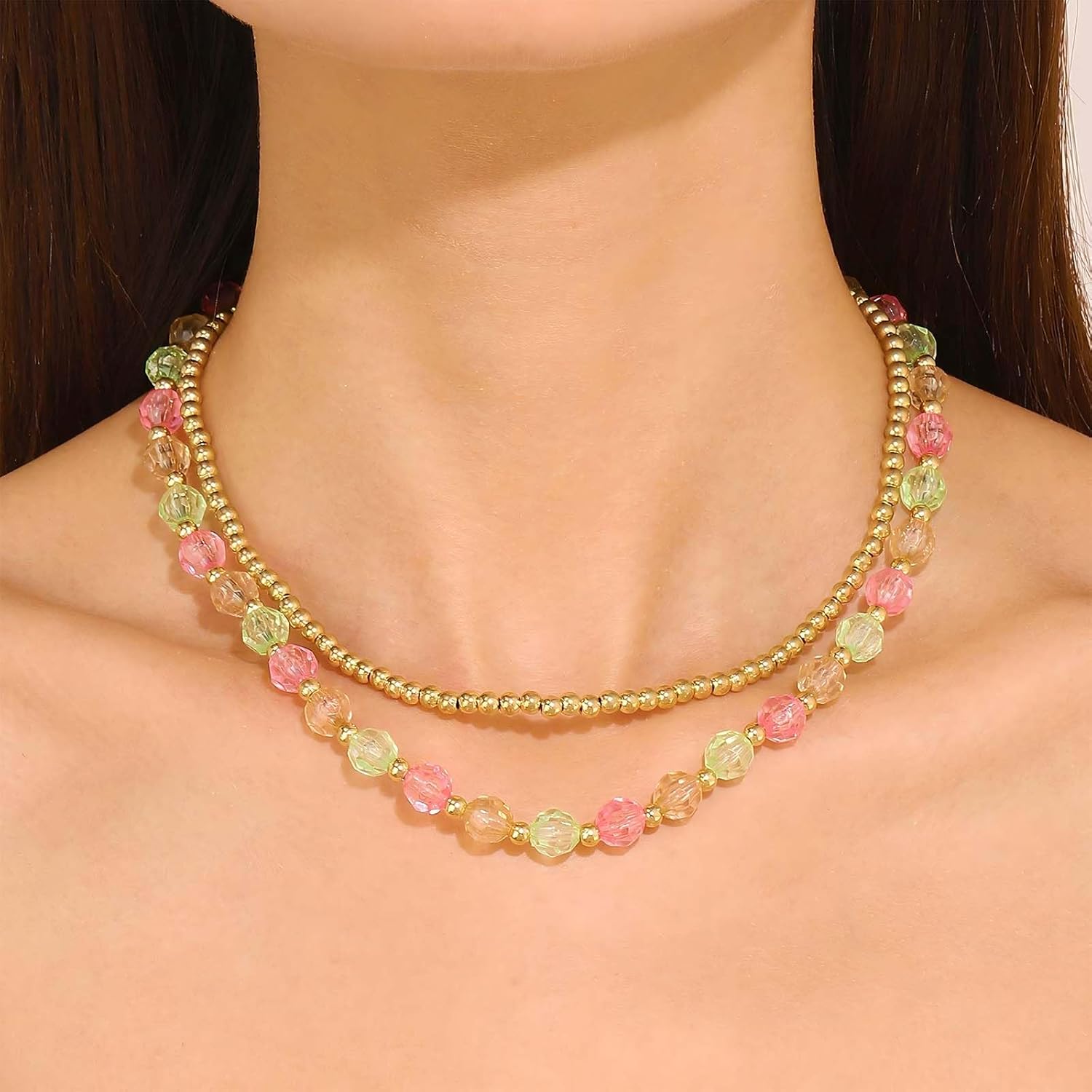 Vintage Layered Seed Bead Choker Necklace Gold Rice Bead Necklace Acrylic Chain Plastic Choker Neckclace Boho Jewelry for Women - Image 2