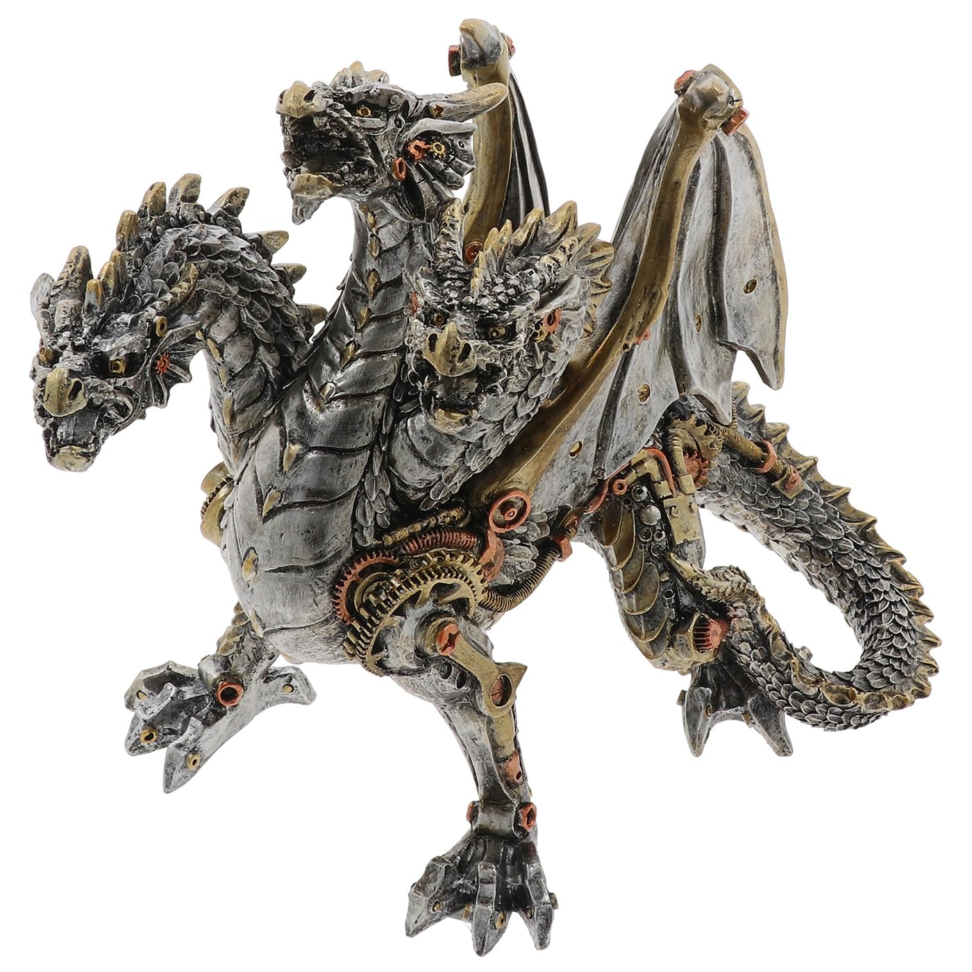 Gentleman Joe Steampunk Dragon Figurine, Painted Resin, Industrial Mechanical Design, Silver and Bronze