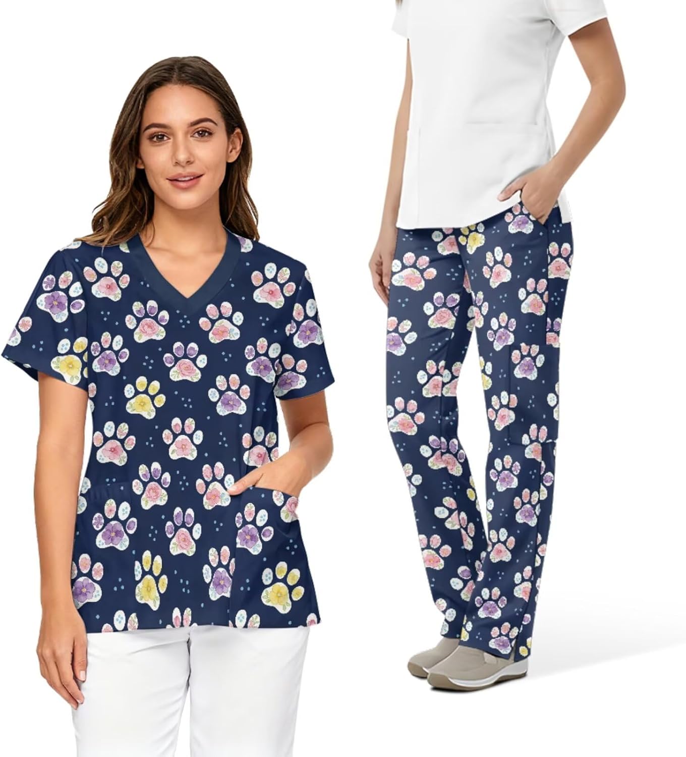Scrubs Set for Women Printed Stretch V-Neck Scrub Tops with Pants, 6 Pocket Medical Uniform for Nurse Doctor Work