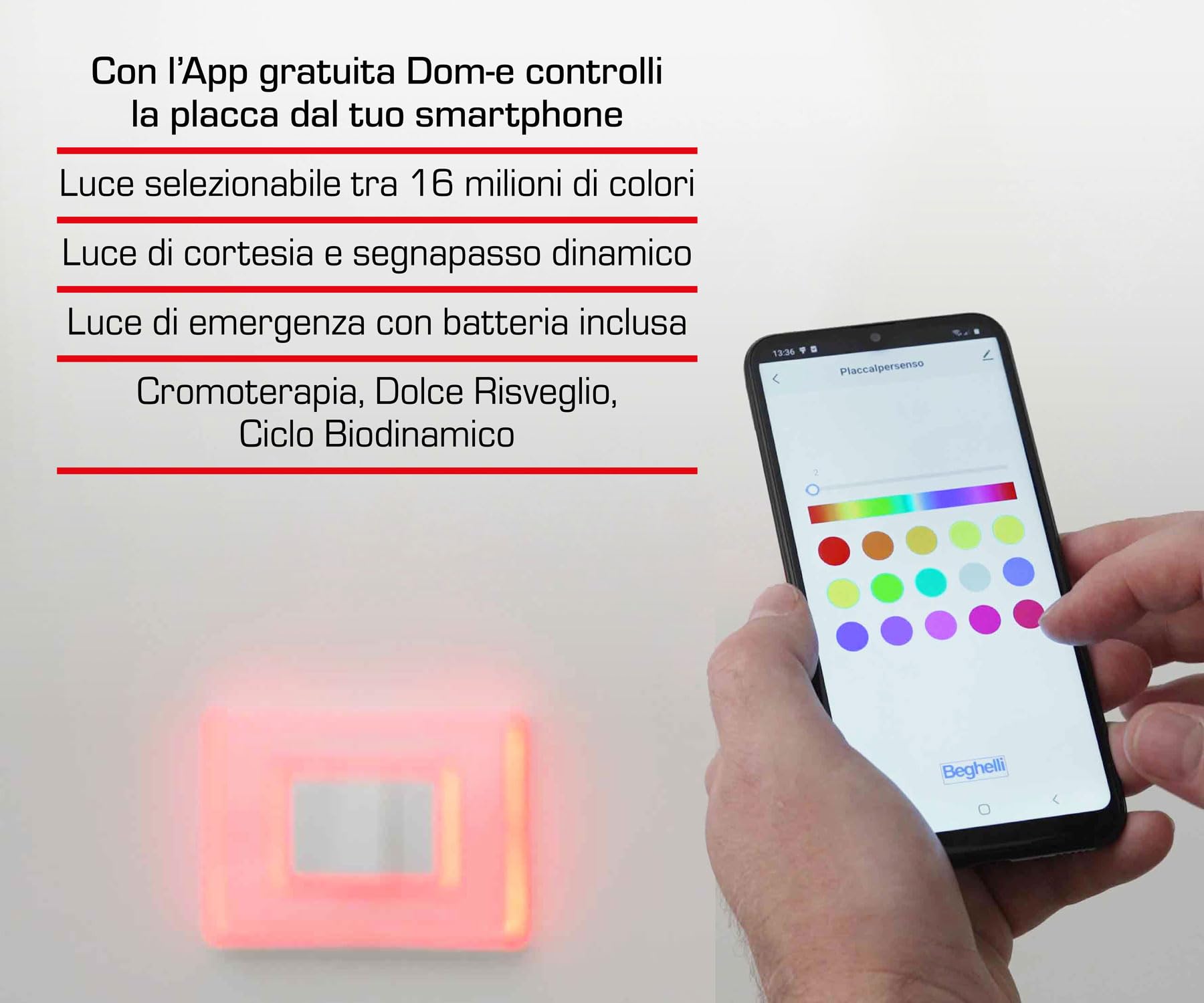 Beghelli - Placca Interruttore - Placca Lite 3FR Con Sistema Di Illuminazione, Con Batteria Di Emergenza, Colore: Bianco