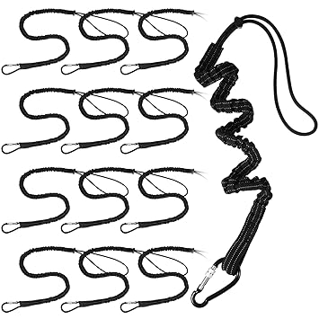 Tool Lanyard Tool Tether with Single Metal Buckle and Adjustable Loop End, Standard Length, Maximum Weight Limit 8KG/ 17.6lb, with Aluminum Screw Lock, Retractable Shock Cord Stopper, Black (12 Pack)