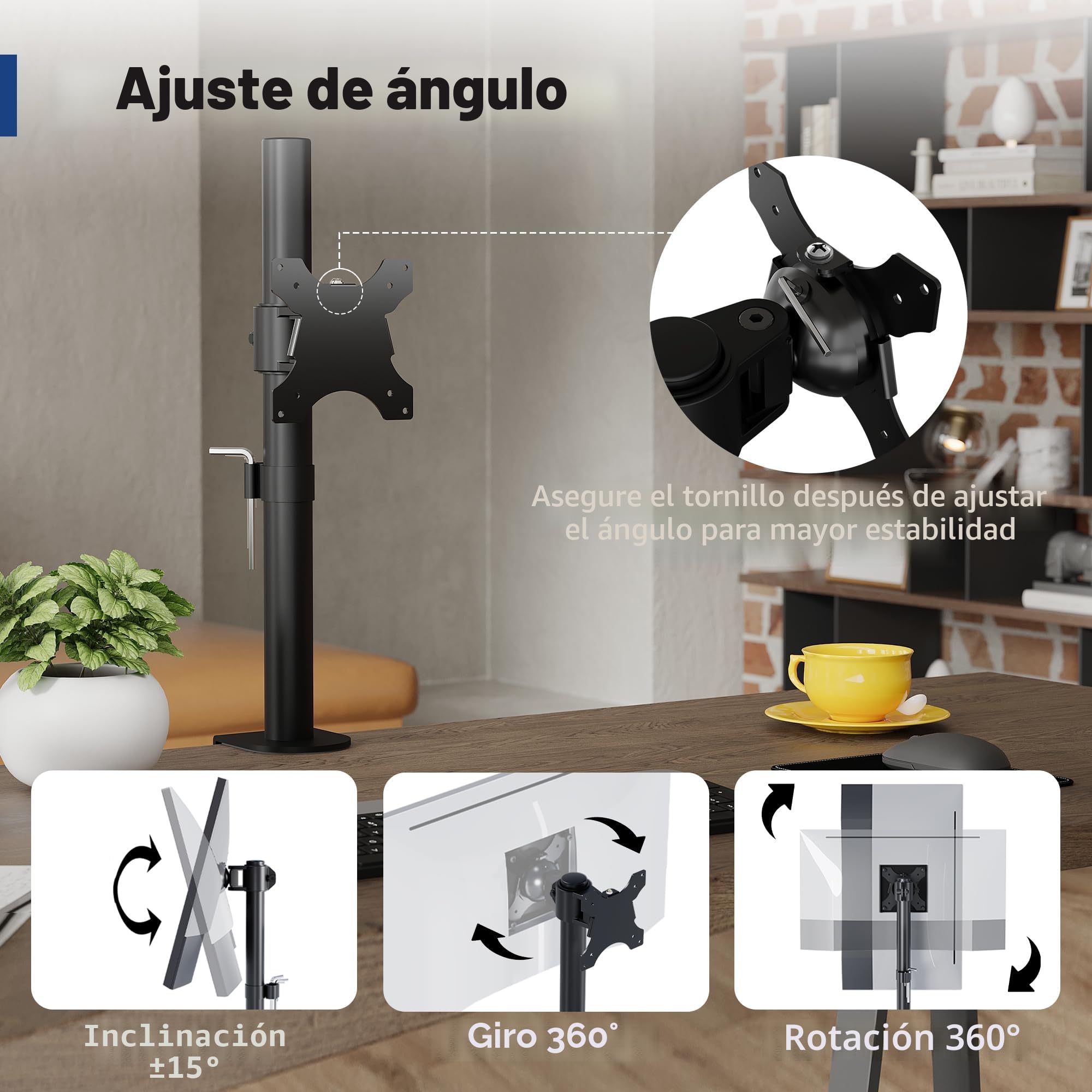 BONTEC Soporte Monitor Único 13-34 Pulgadas, Ajuste de Movimiento Completo, Compatibilidad VESA 75x75/100x100mm, Capacidad de 10kg, Ergonomía Mejorada, Opciones de Instalación Dual